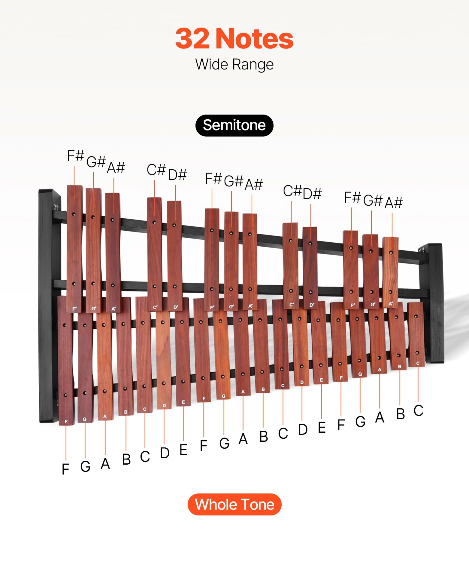 VEVOR Xilófono Glockenspiel 32 Notas, Instrumento de Percusión Profesional de Madera, con Soporte de Altura Ajustable 320–950 mm, 4 Mazos y Bolsa de Transporte, para Principiantes, Amplio Rango