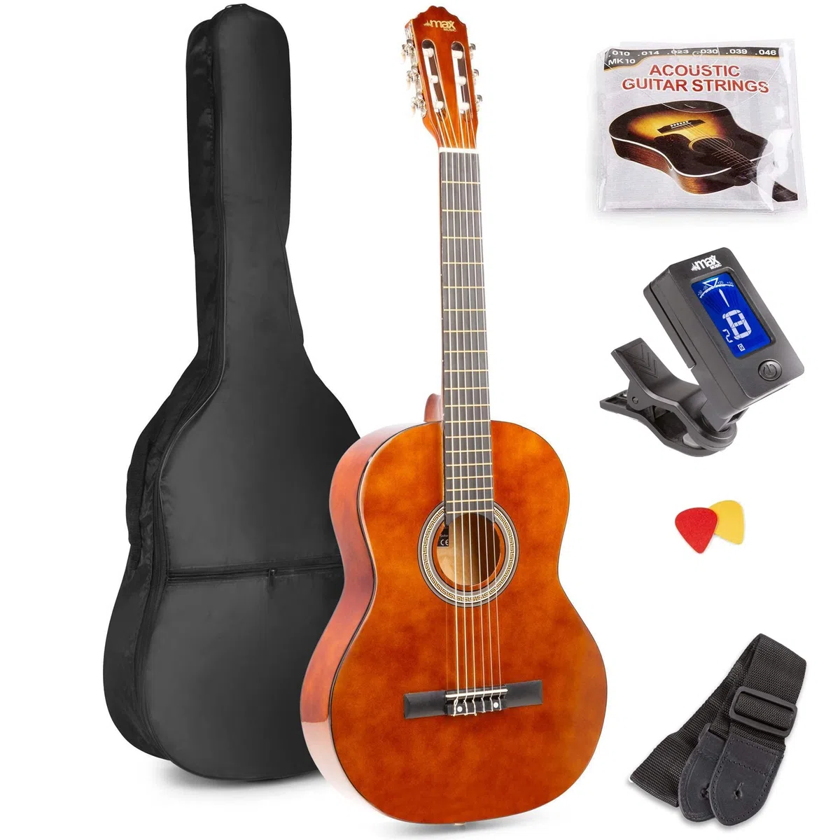 MAX SoloArt Guitarra Clásica Española – Set Completo para Principiantes con Reposapiés, Bolsa, Soporte, Afinador, Púas, Cuerdas y Correa – Ideal para Jóvenes y Adultos