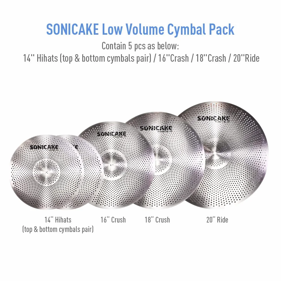 SONICAKE Juego de platillos de bajo volumen 14" HiHat+16" Crash+18" Crash+20" Ride Cymbal Set Plata 5 piezas con bolsa de cadera y accesorio