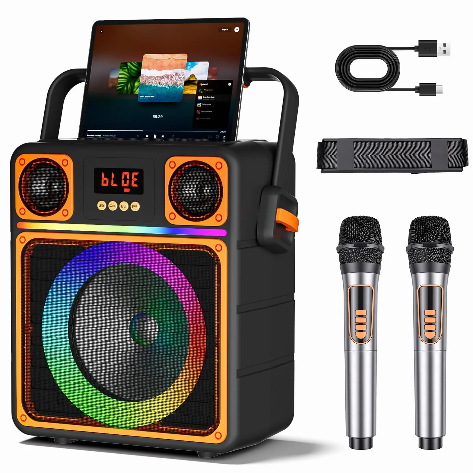 GuKKK Karaoke, Altavoz Bluetooth Portátil para Adultos y Niños con 2 Micrófonos Inalámbricos, Altavoz de Karaoke Bluetooth con Luces LED, Karaoke Profesional Completo, Soporta TF/USB/AUX/FM/TWS(Negro)
