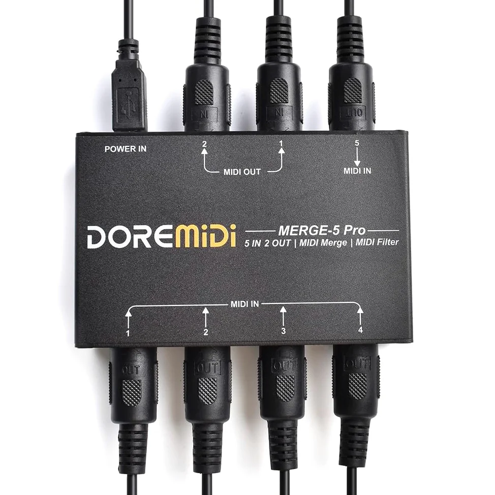 MERGE-5 Pro puede fusionar hasta 5 señales de entrada MIDI en 1 flujo de datos MIDI que se puede emitir directamente a través de 2 interfaces MIDI