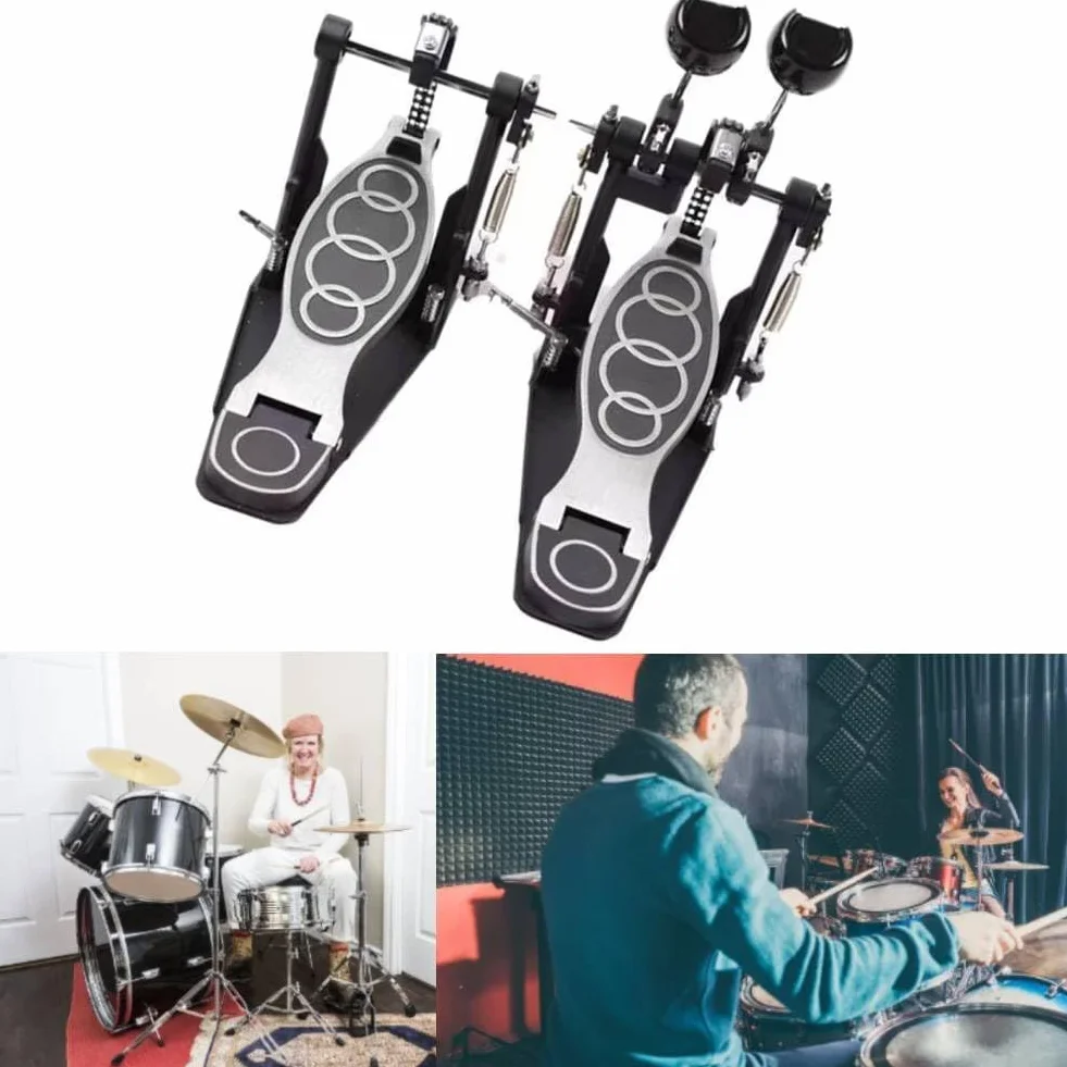 Wisecoco Doble Pedal Bombo, Pedal Doble Bombo Bateria, Pedal de Bombo con Doble Cadena, Patada de Pie de Tambor Profesional de Aluminio y Zinc, Pedal Tambor Doble para Batería y Batería Electrónica