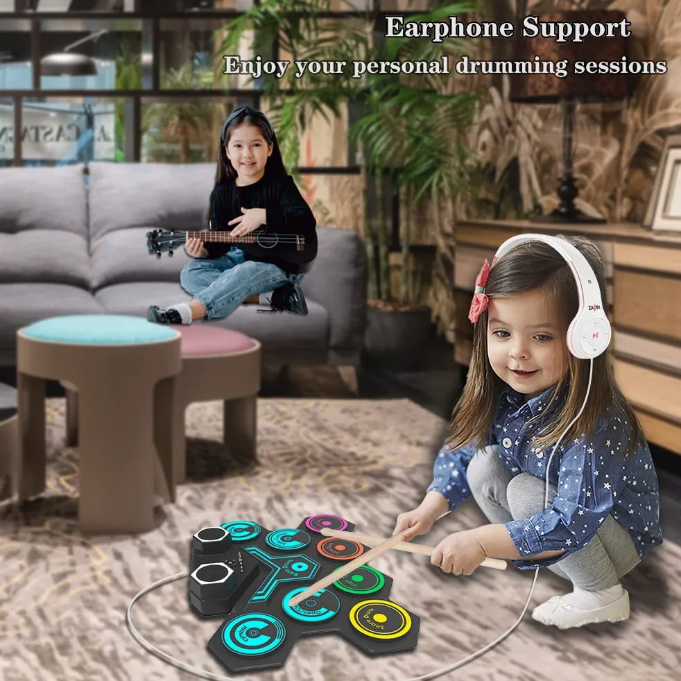 Batería Electrónica Portátil - CNAPXAIA Bateria Niños con Altavoces Estéreo Incorporados, Set de Batería Eléctrica de Silicona de 9 Pads para Niños Adultos Principiantes