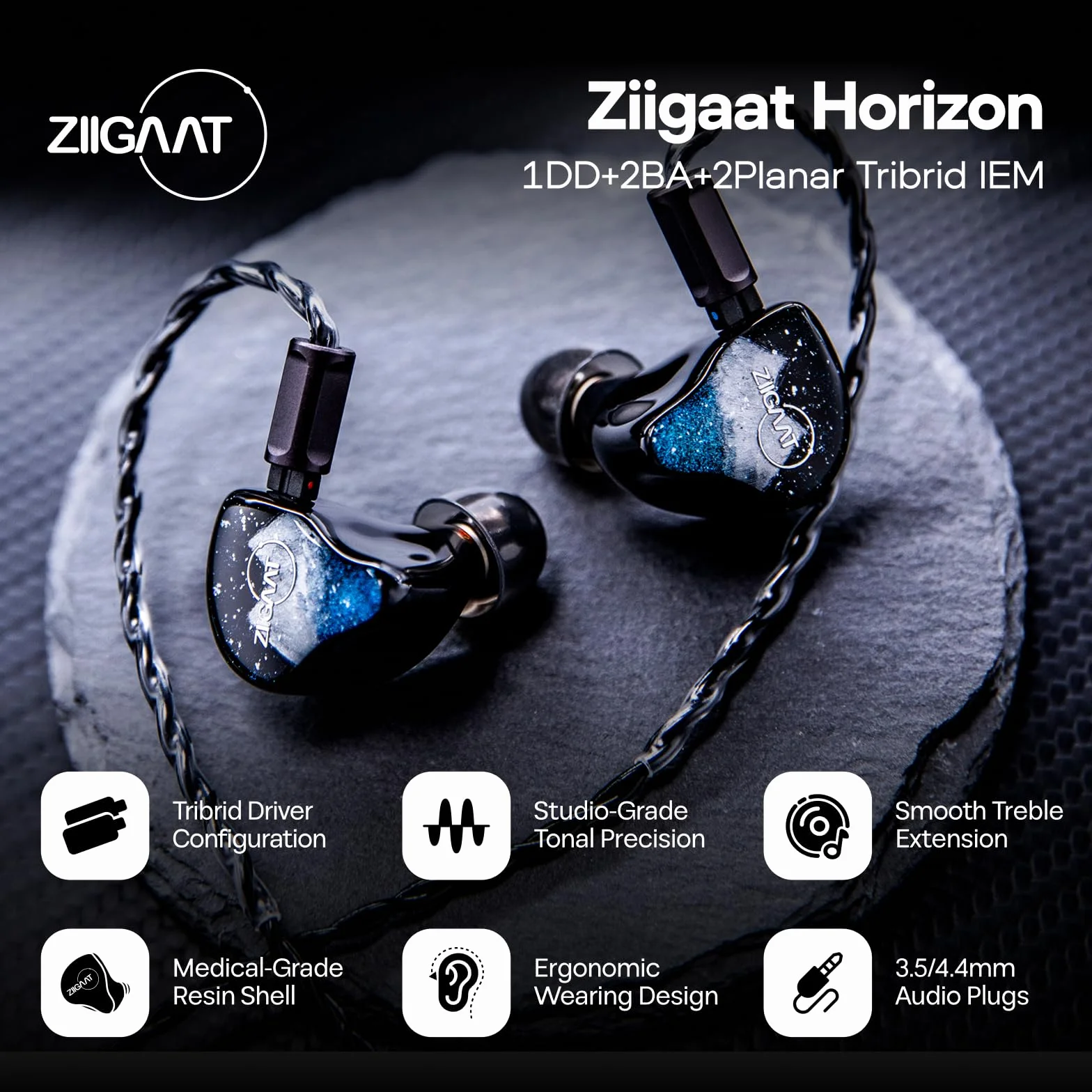 Linsoul ZiiGaat Horizon In Ear Monitor,Auriculares con Cable HiFi 1DD+2BA+2Planar,IEM de Estudio,Sintonización Natural Equilibrada con Extensión de Agudos Suave como Mantequilla para Músicos Audiófilo