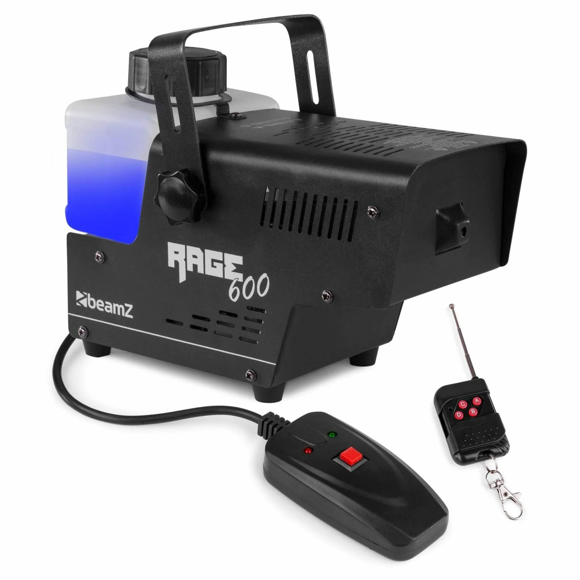 Beamz RAGE600 Máquina de Humo con 5 Litros de Líquido de Humo, 600 Watt, Fogger, Máquina de Niebla, Doble Control Remoto (con y sin cable), Tanque de 0.5 Litros, Disco Fiesta DJs