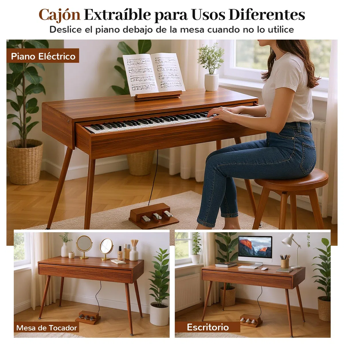 COSTWAY Piano Digital de 88 Teclas Contrapesadas con Acción de Martillo, Piano Eléctrico de Tamaño Completo con Cajón Extraíble, Función de Grabar y Reproducir, Triple Pedal y Doble Altavoces