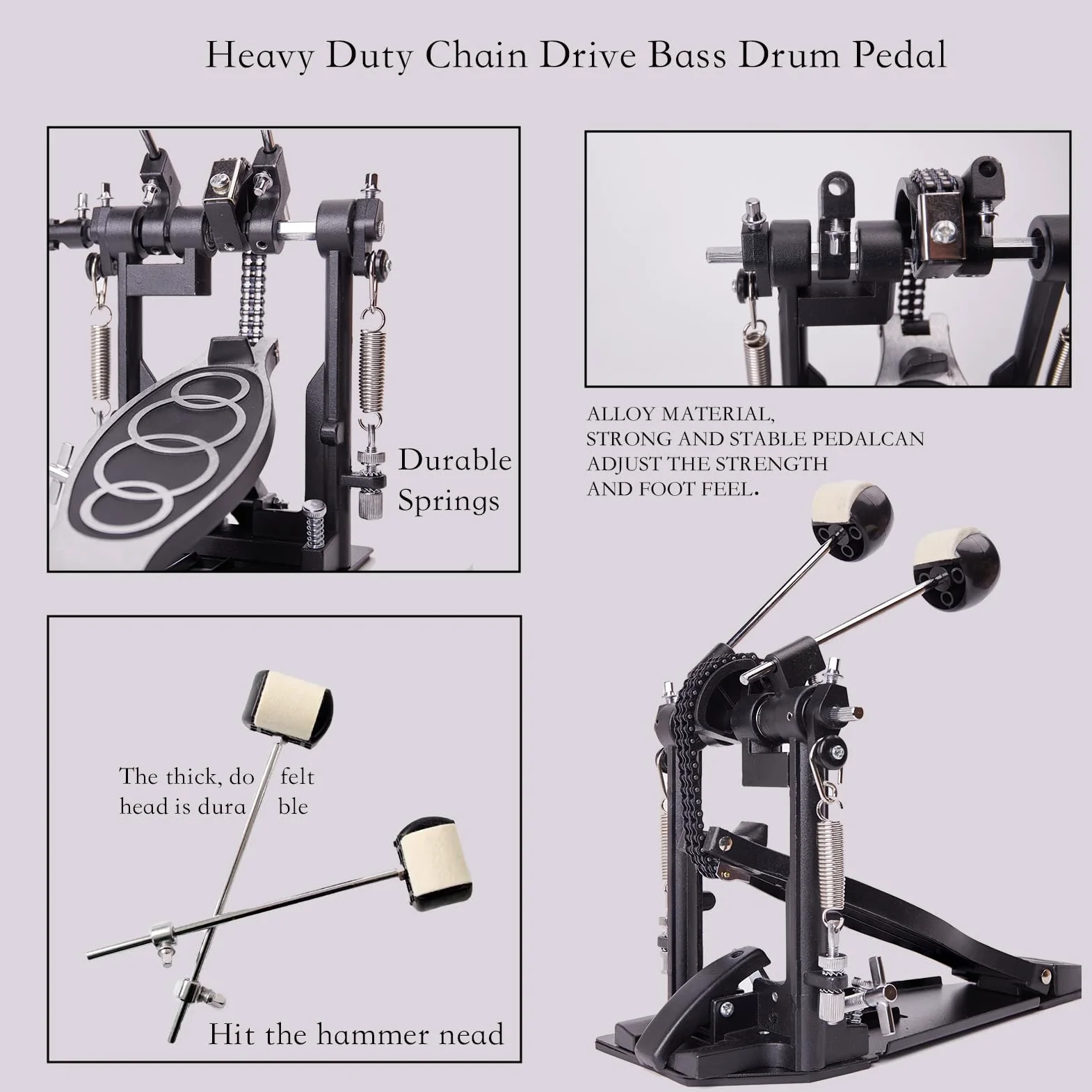 Doble pedal bombo，pedal de bombo doble con doble cadena, accesorios de percusión profesional (V-YQ09)