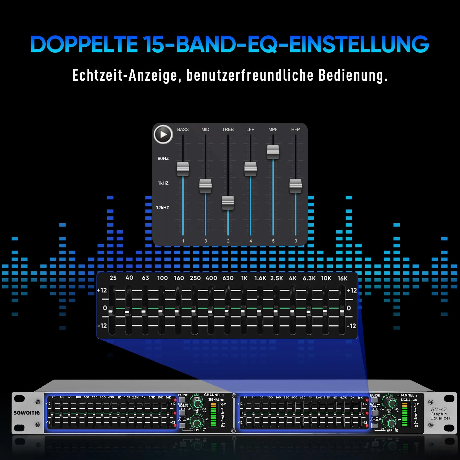 Ecualizador gráfico estéreo con ecualizador de 15 bandas para sistema de audio doméstico, ecualizador de DJ de doble canal con salida de subwoofer y reducción de ruido