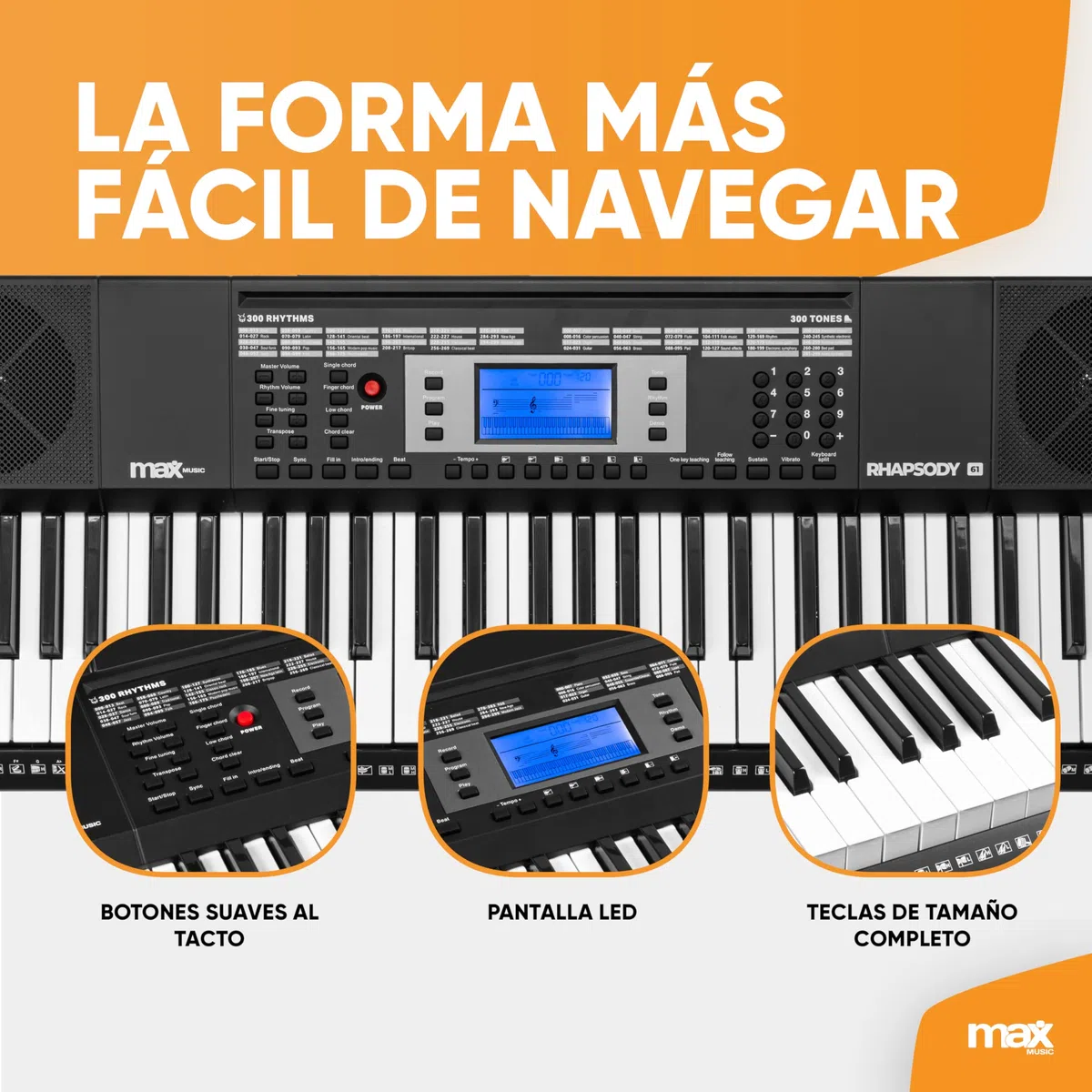 MAX Rhapsody61 - Piano eléctrico de 61 teclas para principiantes con función de aprendizaje, 300 sonidos, altavoces integrados, pantalla LCD, 50 canciones de demo, auriculares y soporte de teclado