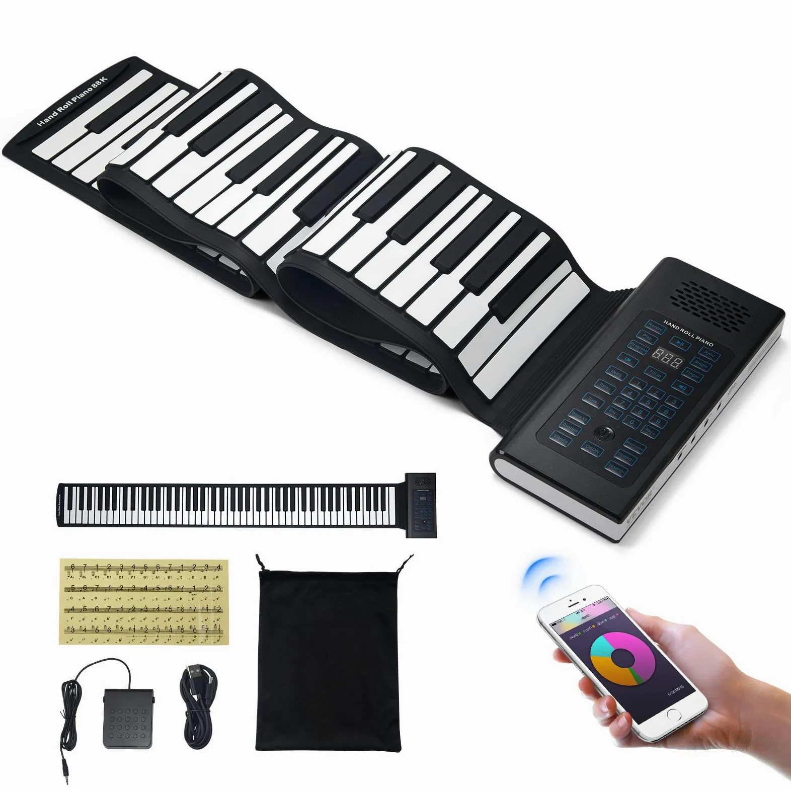 VEVOR Teclado Piano Enrollable 88 Teclas 128 Ritmos 128 Tonos Piano Digital Portátil Recargable con Altavoz 2W Pantalla LED 5 Puertos Función MIDI para Niños, Principiantes, Adultos, Negro