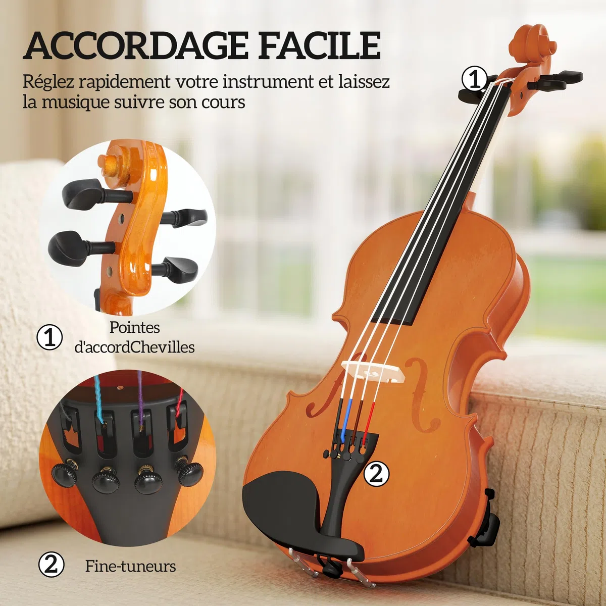 HOMCOM Violín 4/4, juego de violín de madera maciza para adultos y principiantes, con estuche ligero y portátil, arco, colofonia, puente y bandolera, marrón