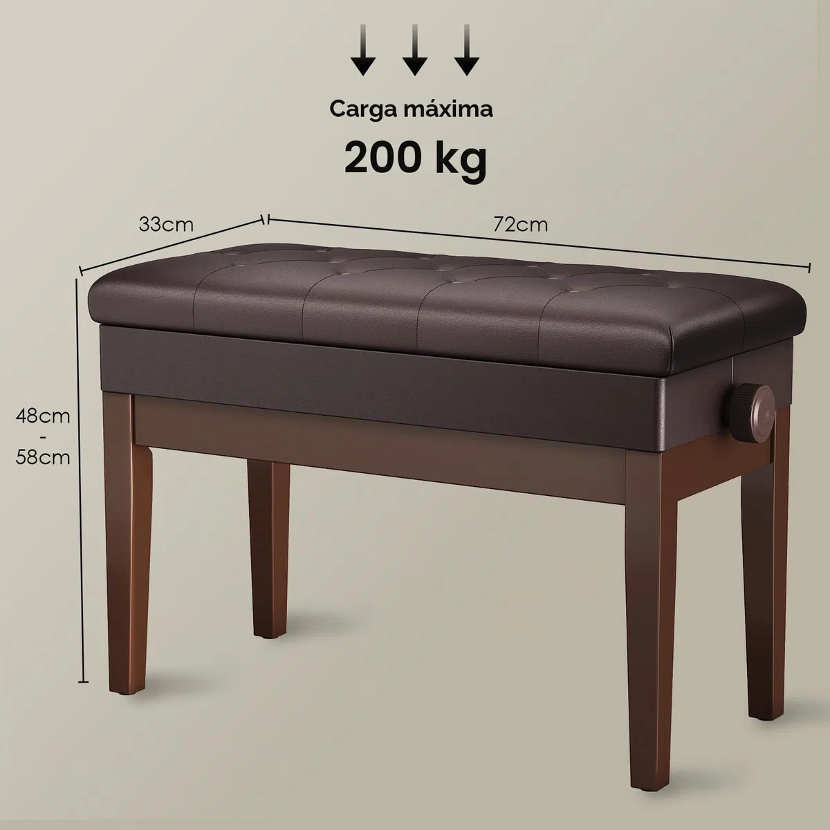 MAMIZO Banqueta Piano Regulable Altura 72x33x58CM, Banco Piano con Espacio Almacenamiento, Silla Piano, Banqueta Piano Carga Máxima 200KG, 4 PCS Patas Piano Madera Maciza, Marrón Oscuro