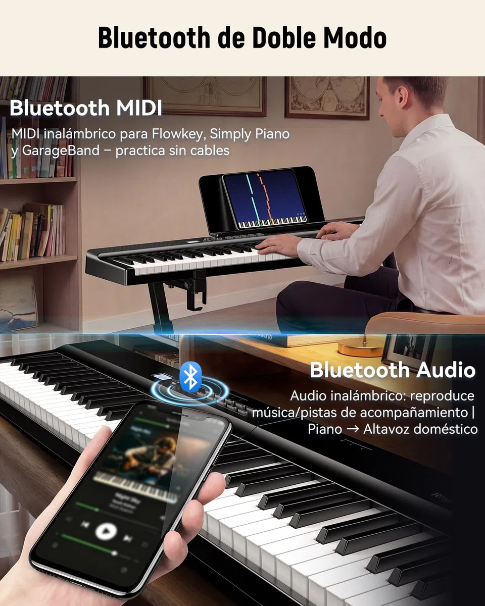 Teclado plegable de 88 teclas, Rhymo tamaño completo, portátil, semipesado, con 2 altavoces estéreo envolvente de 15 W, MIDI USB, Bluetooth, pedal de sostenimiento (Negro)