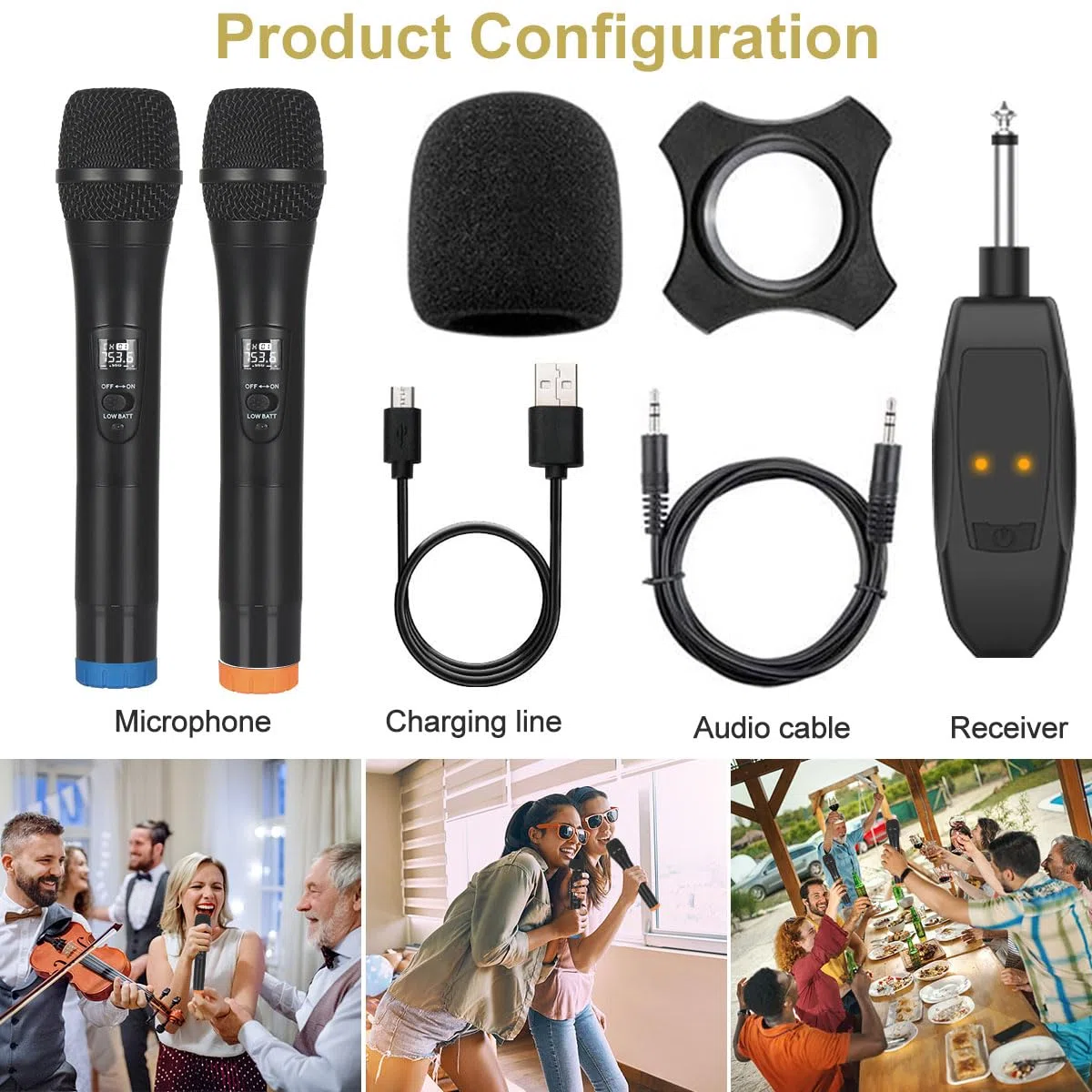ALPOWL Micrófono inalámbrico, Sistema de micrófono dinámico inalámbrico Dual UHF, micrófono de Karaoke de Mano con Receptor Recargable para Cantar, Iglesia, discurso, Boda, Fiesta