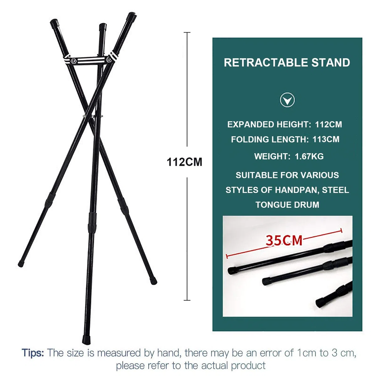 Soporte retráctil de acero para tambor de lengua y handpan, soporte de tambor de construcción de trípode reforzado con hierro, ideal para instrumentos de percusión de 10 a 22 pulgadas