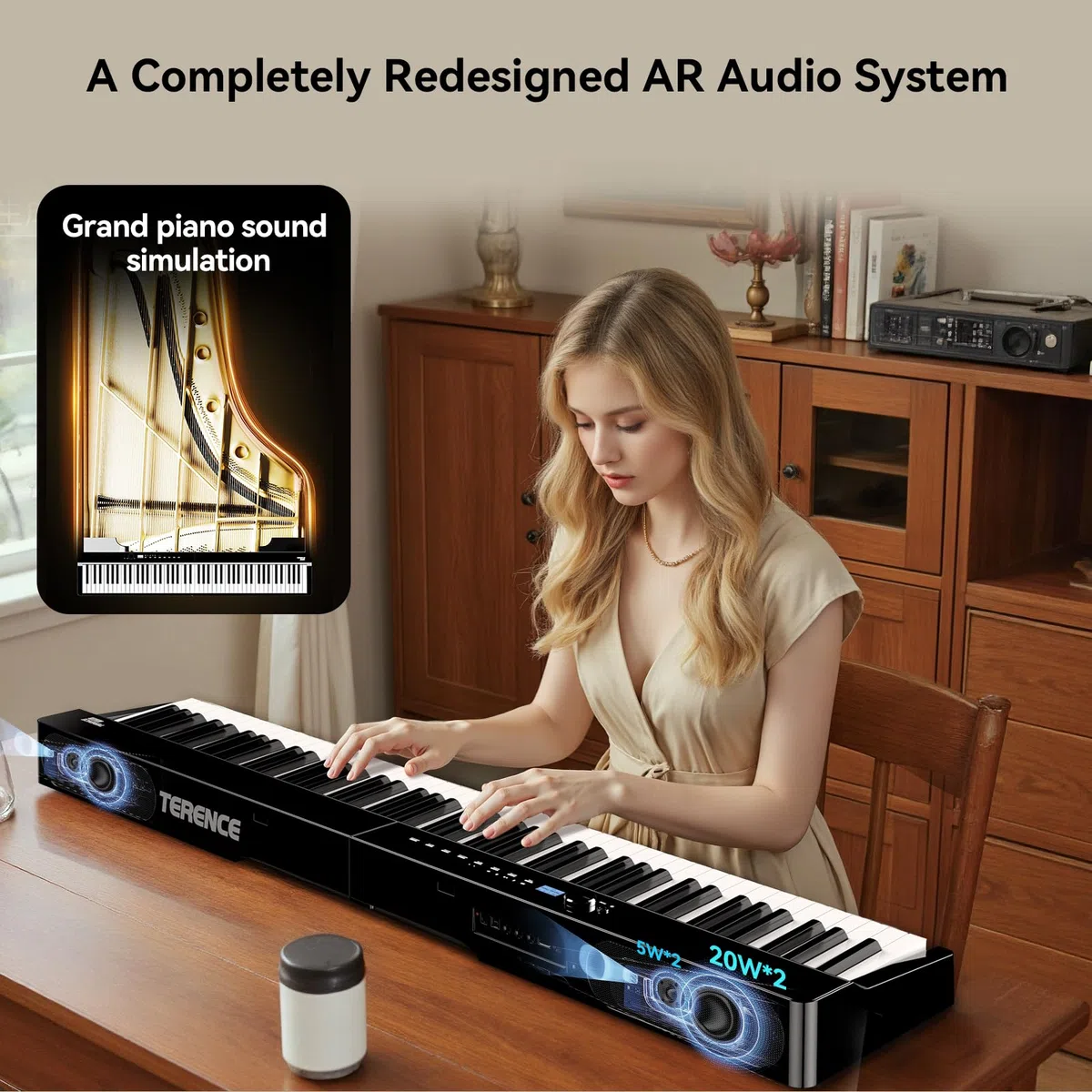 TERENCE V70 Piano Eléctrico 88 Teclas Contrapesadas Piano Digital con 4 Altavoces 20W×2+5W×2 –Incluye Funda y Auriculares – Ideal para Exámenes y Estudio – Negro Brillante