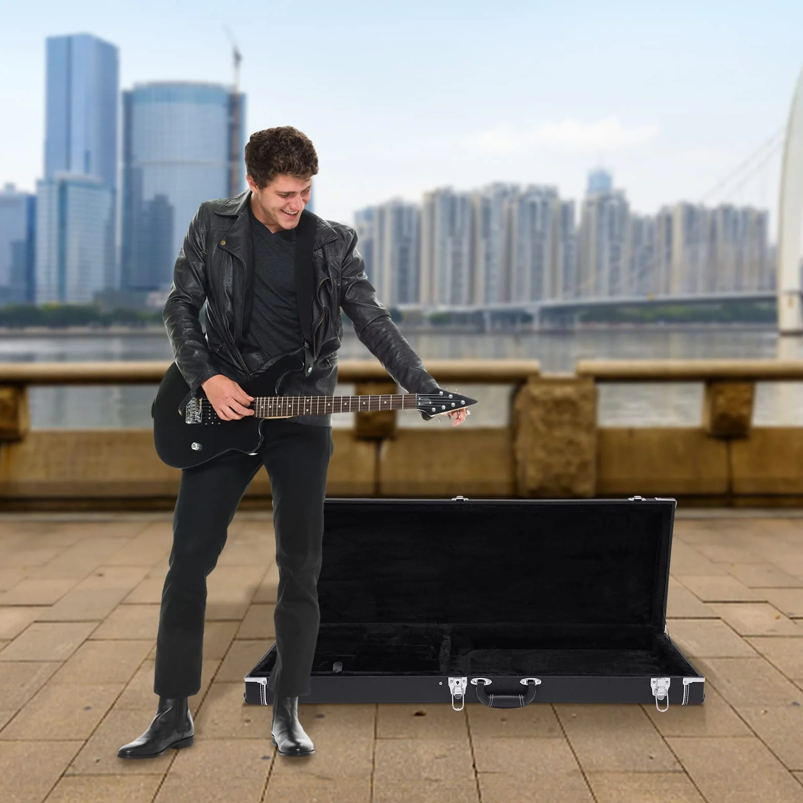 Funda rígida para guitarra eléctrica, color negro, funda rígida rectangular con llave, estuche de transporte para la mayoría de guitarras eléctricas, como clase ST, Tele, Fender y Ebenezer