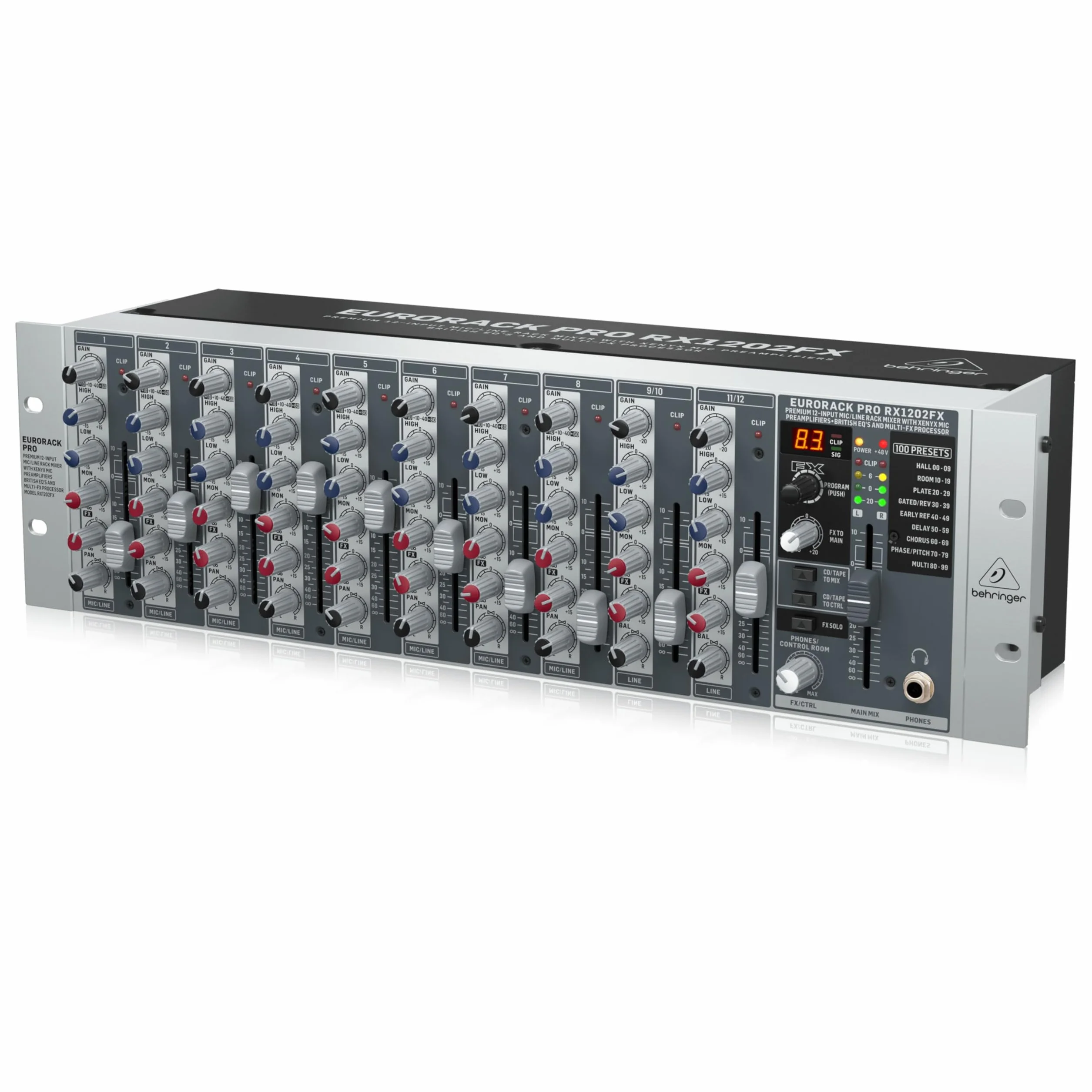 Behringer RX1202FX Premium Mezclador de rack de 12 entradas de micrófono/línea con preamplificadores de micrófono XENYX, ecualizadores británicos y procesador Multi-FX