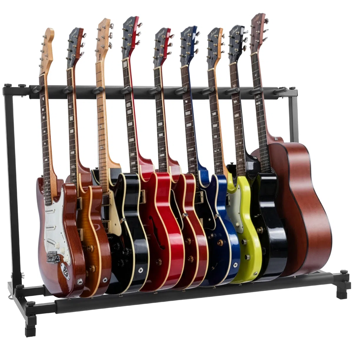 Pyle soporte para guitarras, 9 compartimientos, Portatil y plegable, Con acolchado de espuma, Ideal para acusticas, electricas y bajos