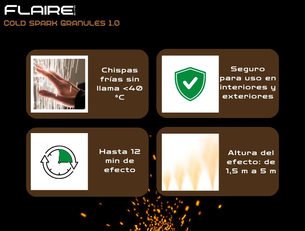 Cold Spark Gránulos 200g | efecto especial en granos hasta 5m de altura | Polvo de efecto escénico | 8 piezas
