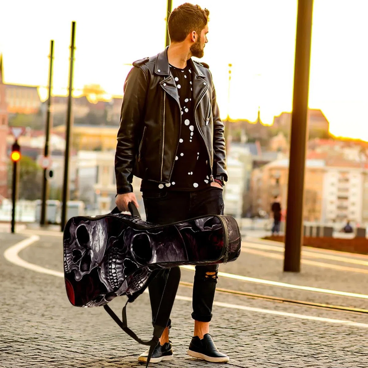 Halloween Skull 56 - Bolsa para guitarra acústica con 2 bolsillos, correa ajustable para el hombro y colgador trasero, adecuada para guitarras eléctricas, bajos y guitarras clásicas, Calavera de