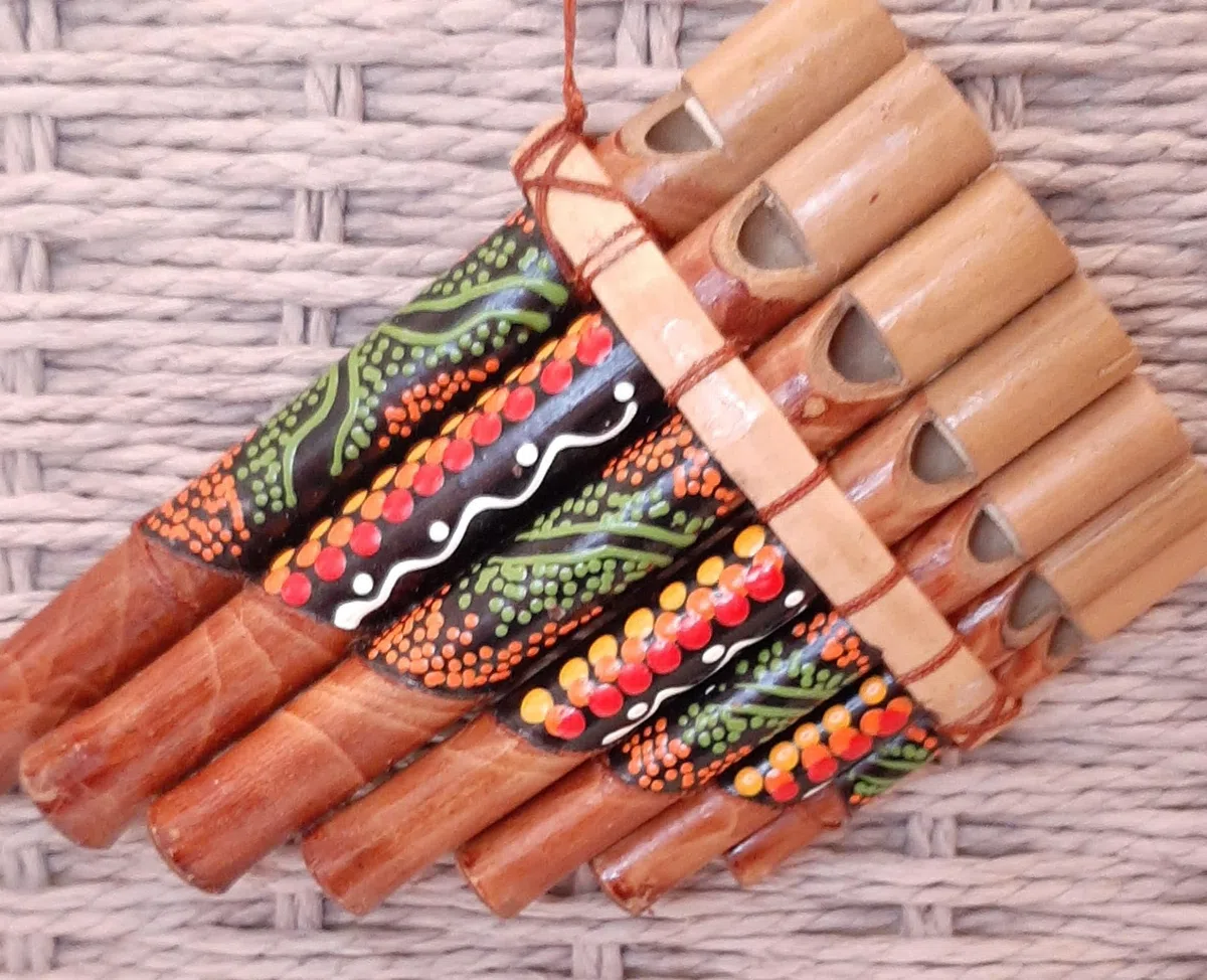Flauta de pan Peruano Artesanal Decorada 7 notas Bambú y madera