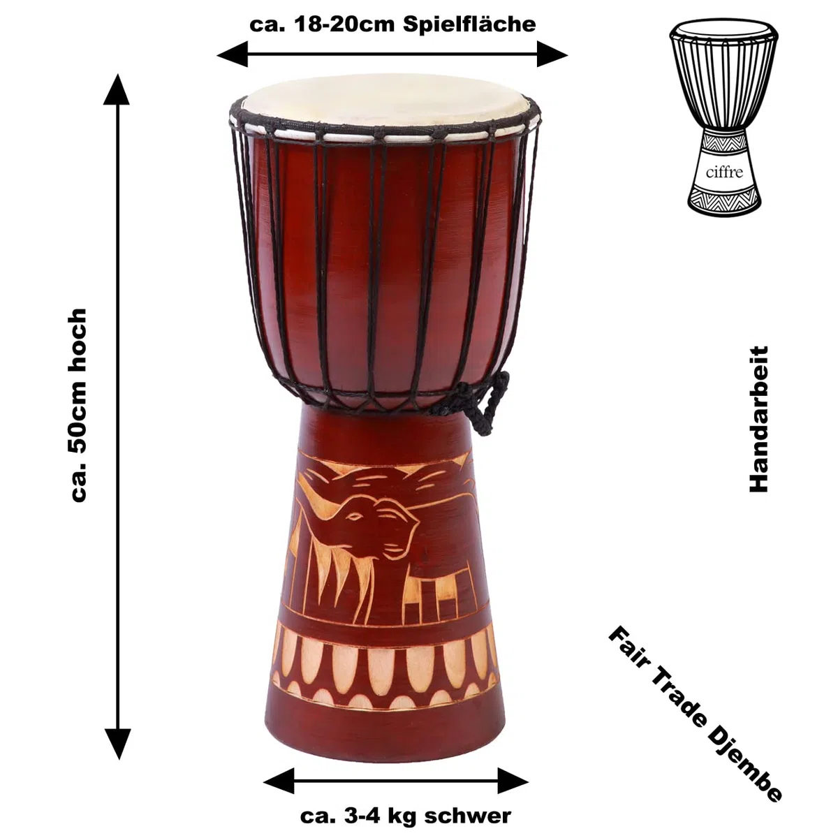 Tambor Djembe grande de 50 cm, tambor Bongo, elefante, marrón, comercio justo, sonido superior