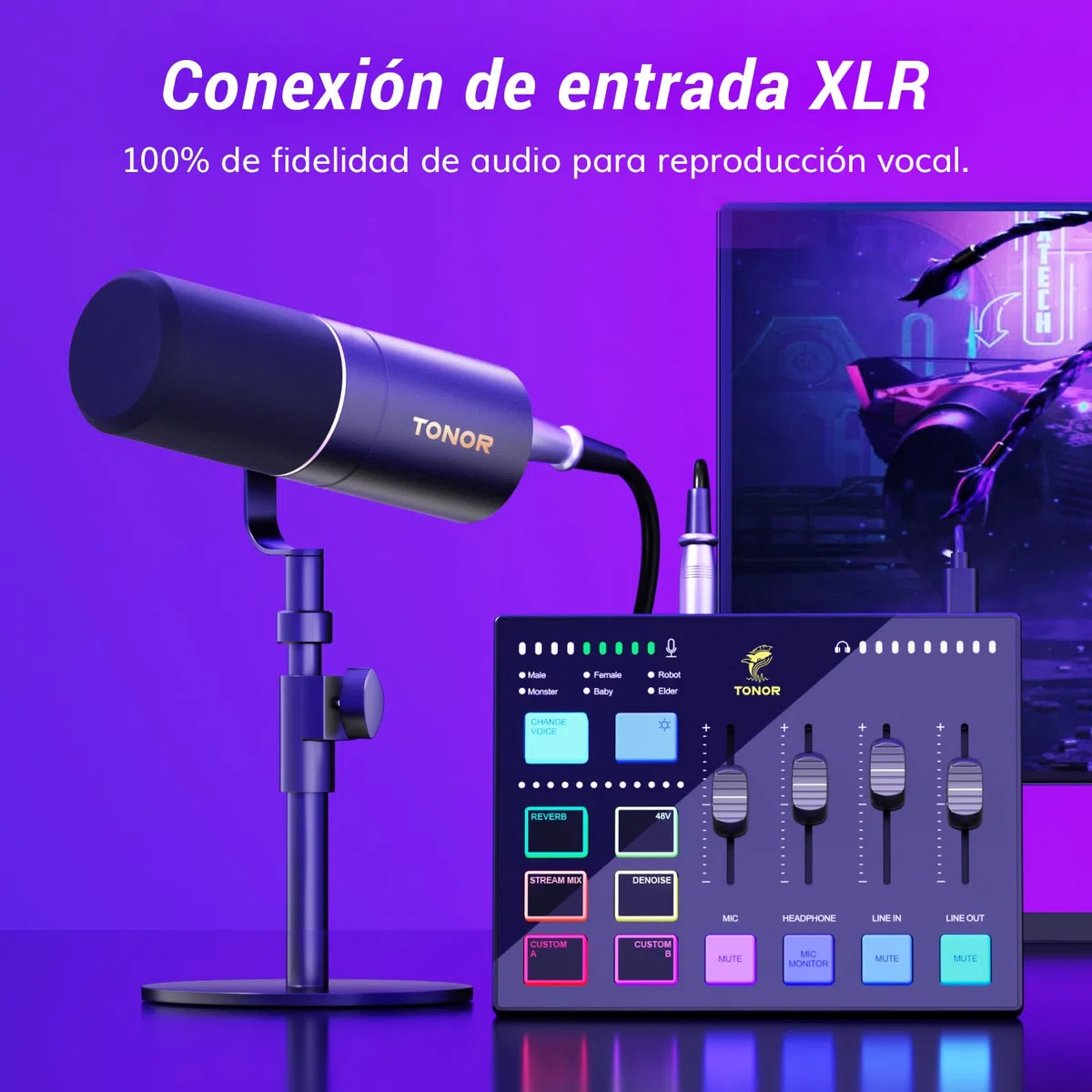 TONOR Gaming Audio Mixer PC, Mezclador RGB con Canal XLR y 6,35 mm para Streaming, Podcast, Grabación, Interfaz de Audio para TikTok, YouTube, Twitch, Control de Volumen Individual, Botón de Silencio