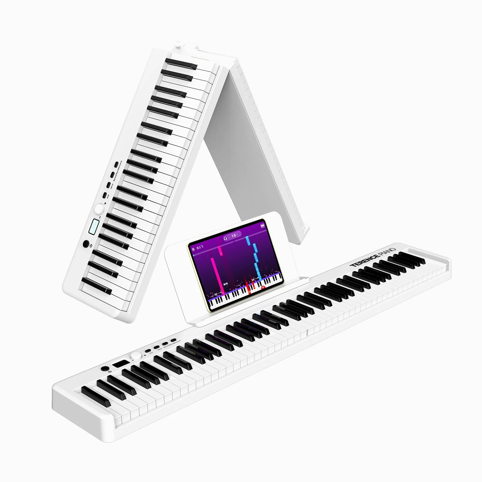 TERENCE Plegable Pianos digitales portátil con 88 teclas semi-ponderadas y batería de 1800mAh interfaz MIDI soporte para partituras bolsa adhesiva cable de audio auriculares pedal de sostenido Blanco