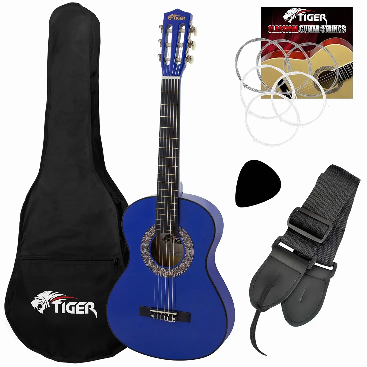 TIGER CLG4 Pack guitarra clásica 3/4 zurdos azul | Incluye bolsa, cuerdas, correa y púa, ideal para niños de 9 a 11 años y principiantes