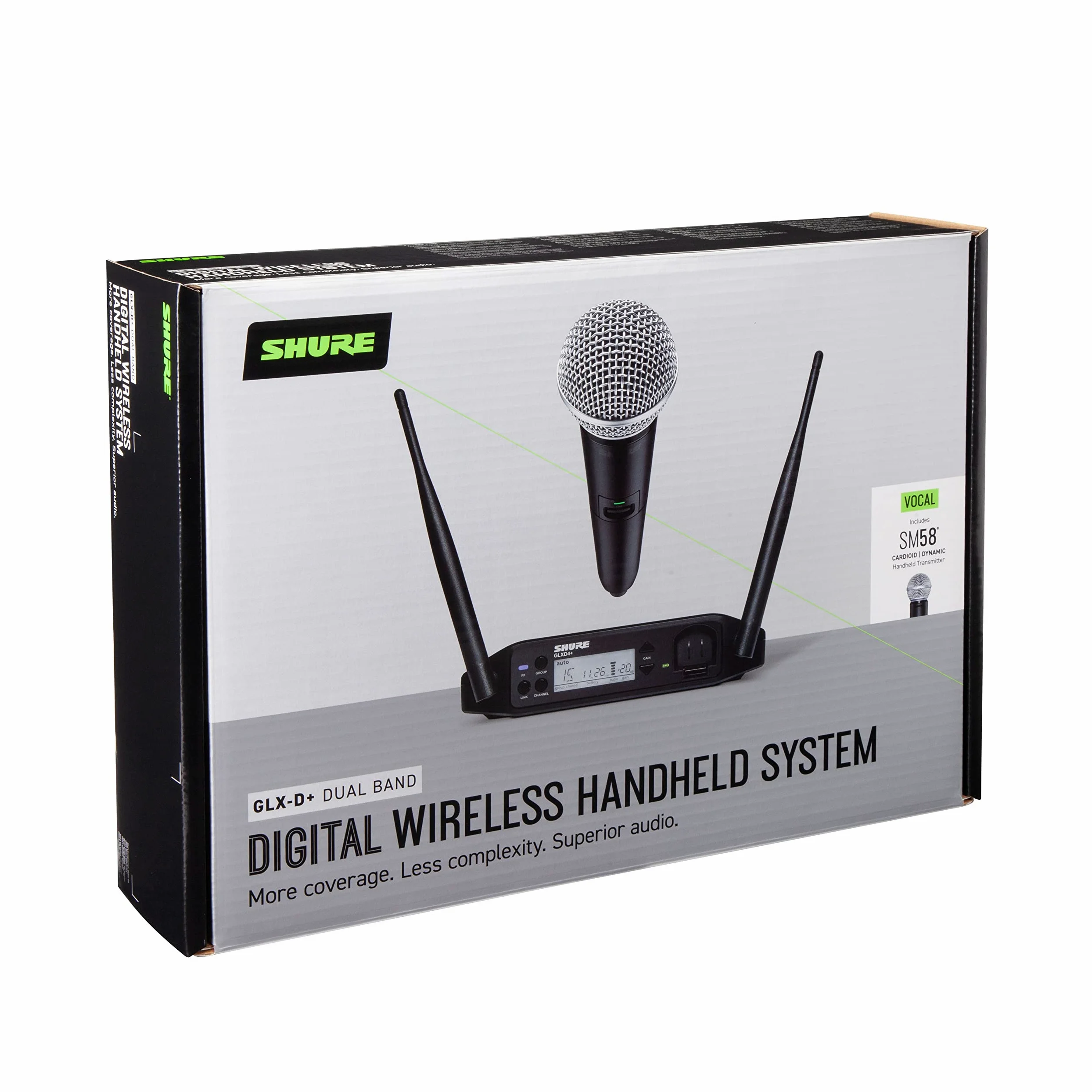 Micrófono inalámbrico Shure GLXD24+/SM58 para iglesias, karaoke y voces - Batería de 12 horas, alcance de 30m | Micrófono vocal SM58, receptor de canal único.