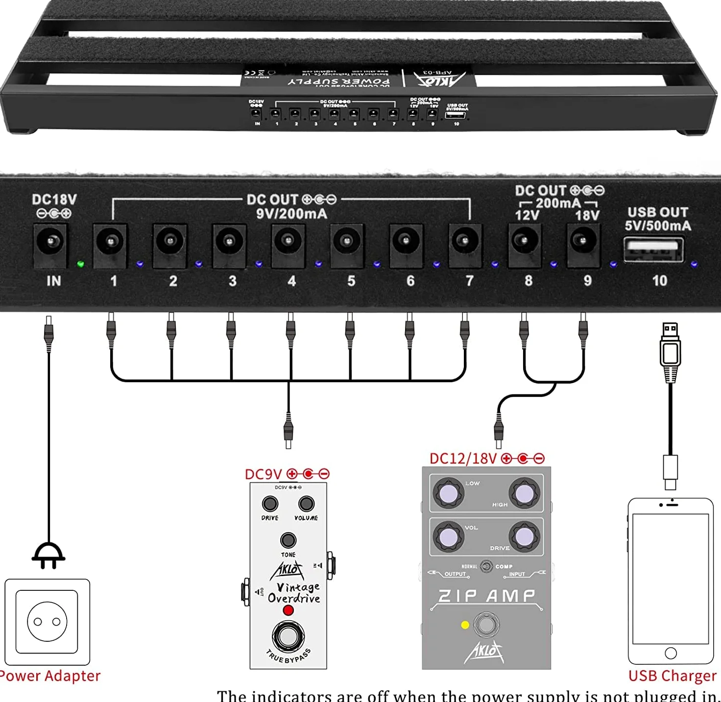 AKLOT Pedalera de Guitarra con Fuente de Alimentación Incorporada Pedalera de Efectos Aleación de Aluminio 48,5 x 13x 4,3cm Negro con Bolsa, Cable de Pedal