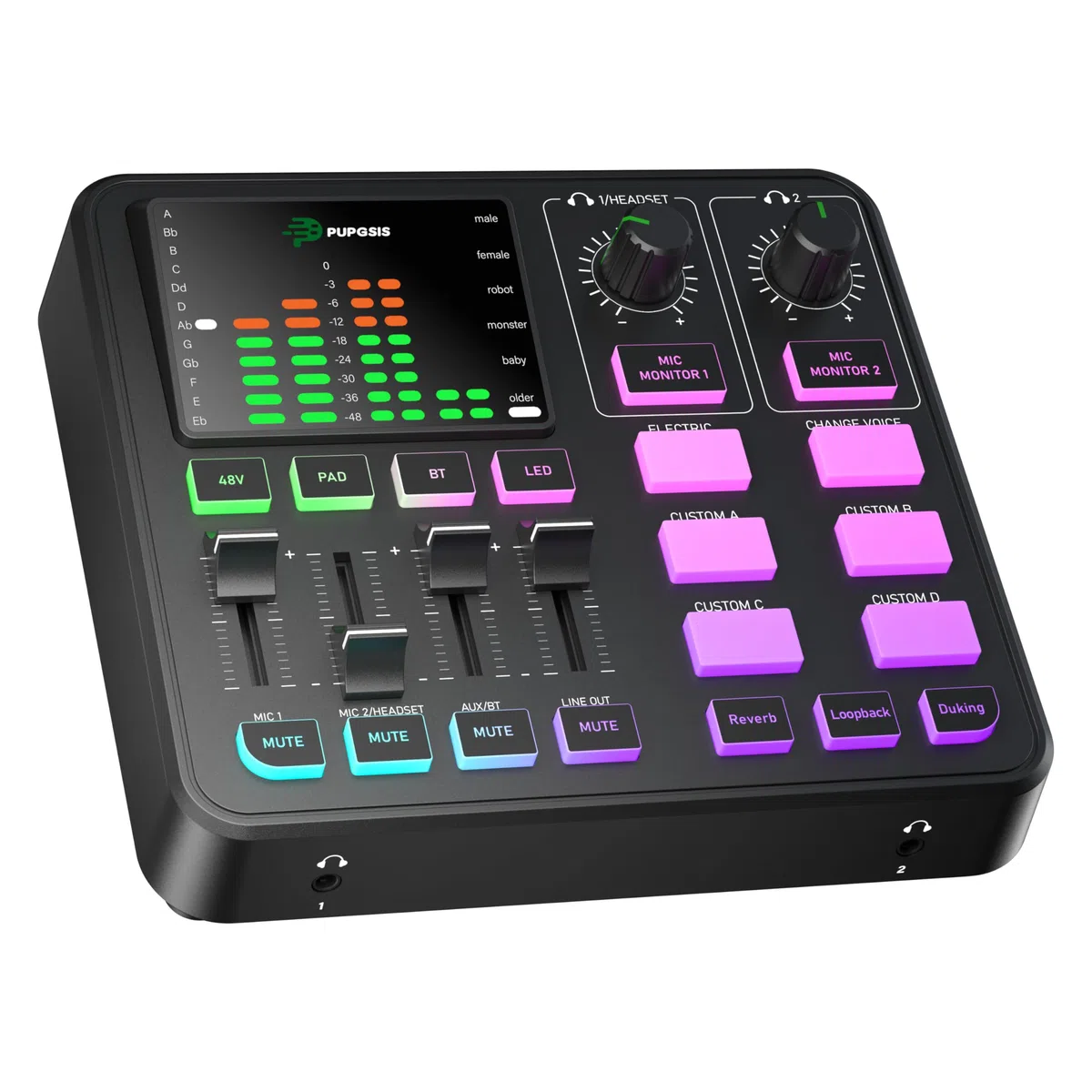 PUPGSIS - Mezclador de audio para juegos, interfaz de audio para PC/Podcast/Streaming, placa de sonido con entrada de micrófono XLR de 3,5 mm, alimentación fantasma de 48 V, cambiador de voz, tarjeta