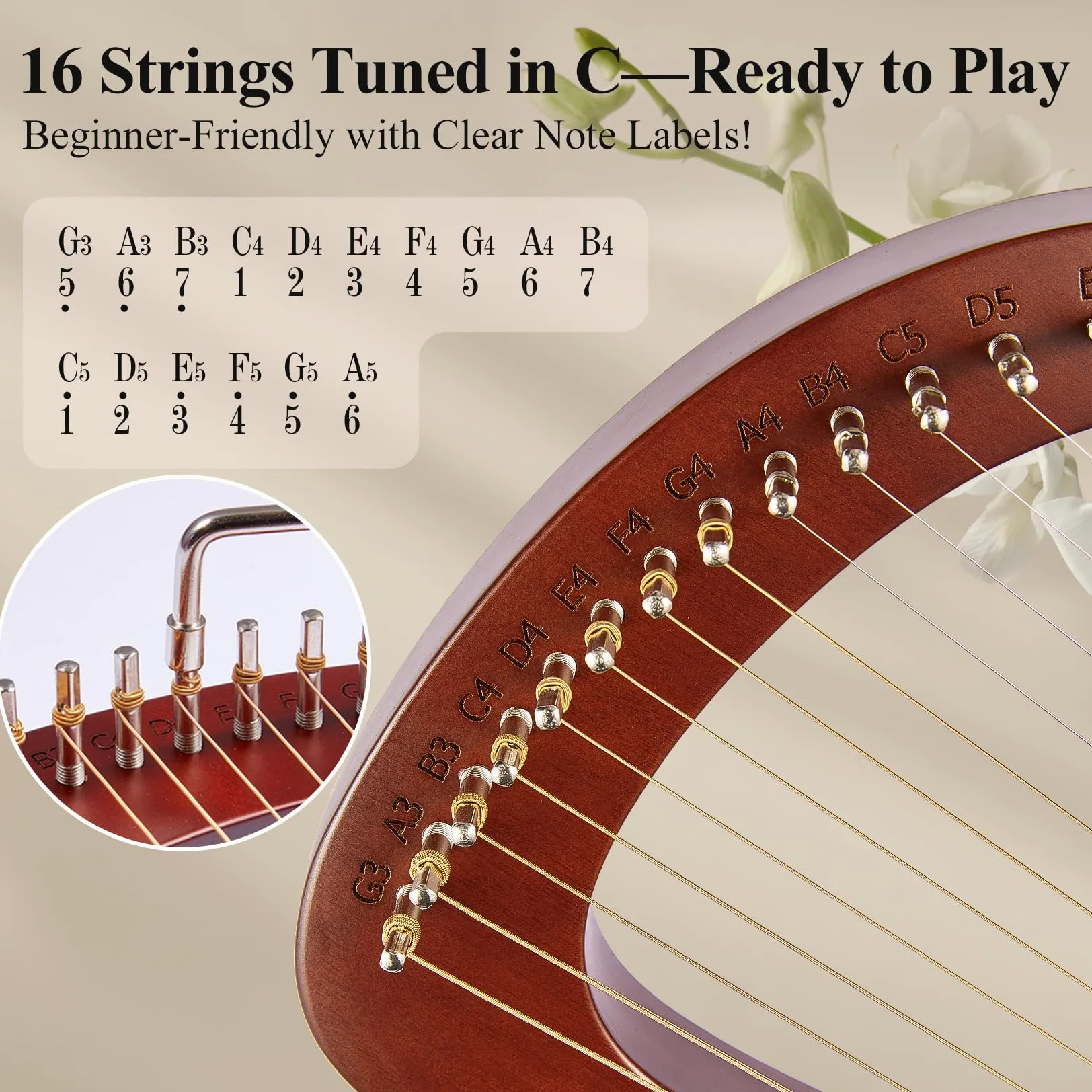 Arpa de lira, 16 cuerdas de metal de caoba, arpa de lyra, instrumentos musicales de cuerda con llave de afinación, juego de cuerdas de repuesto, libro manual