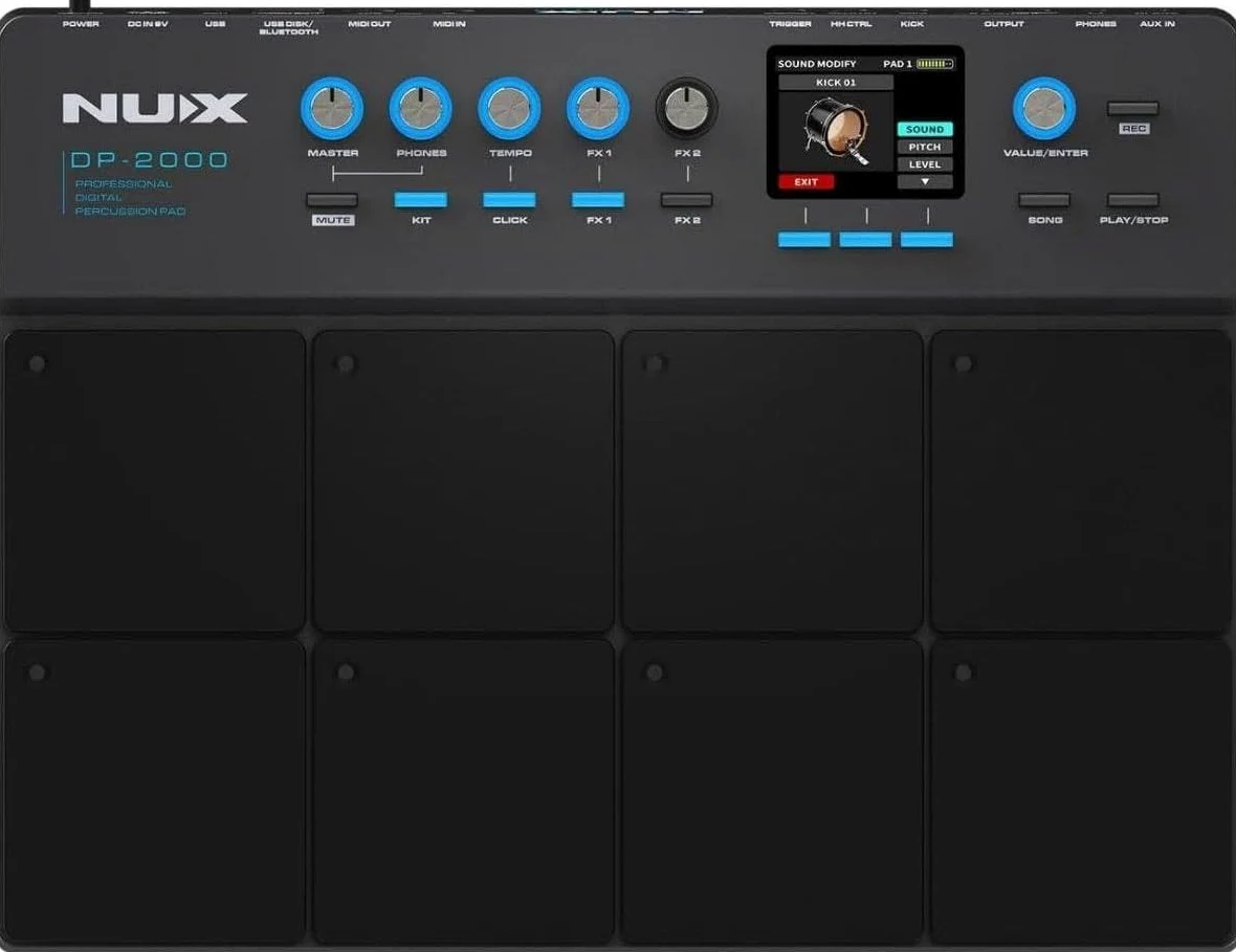 NUX DP-2000 Almohadilla de percusión independiente sensible a 8 velocidades con luces LED, interfaz interactiva de interfaz de usuario, seis efectos integrados y función Wavimport