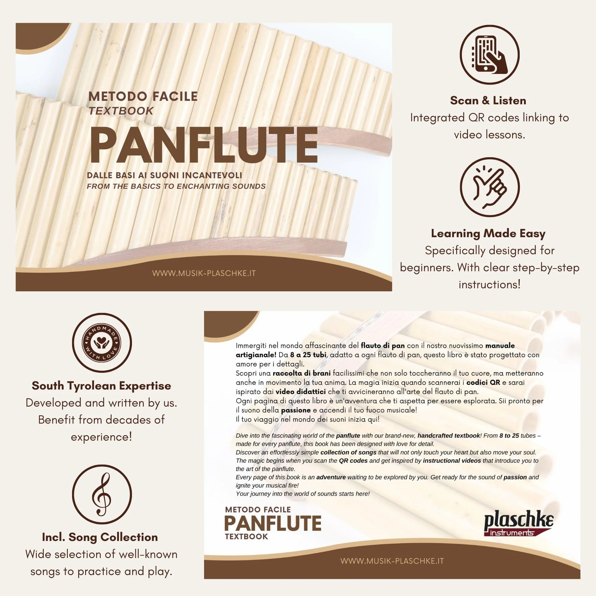 Plaschke Zampoña, Flauta de pan con cinturón de madera, hecha a mano con libro, made in Italy, 10 tubo