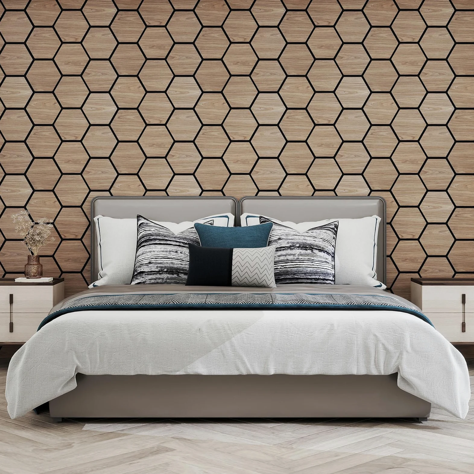 COSTWAY Lote de 4 Paneles Acústicos Decorativos para Paredes, 81 x 66 cm con 9 Tableros Hexagonales de Madera, Paneles Insonorizantes para Paredes para Estudios, Oficinas, Dormitorios, Salones