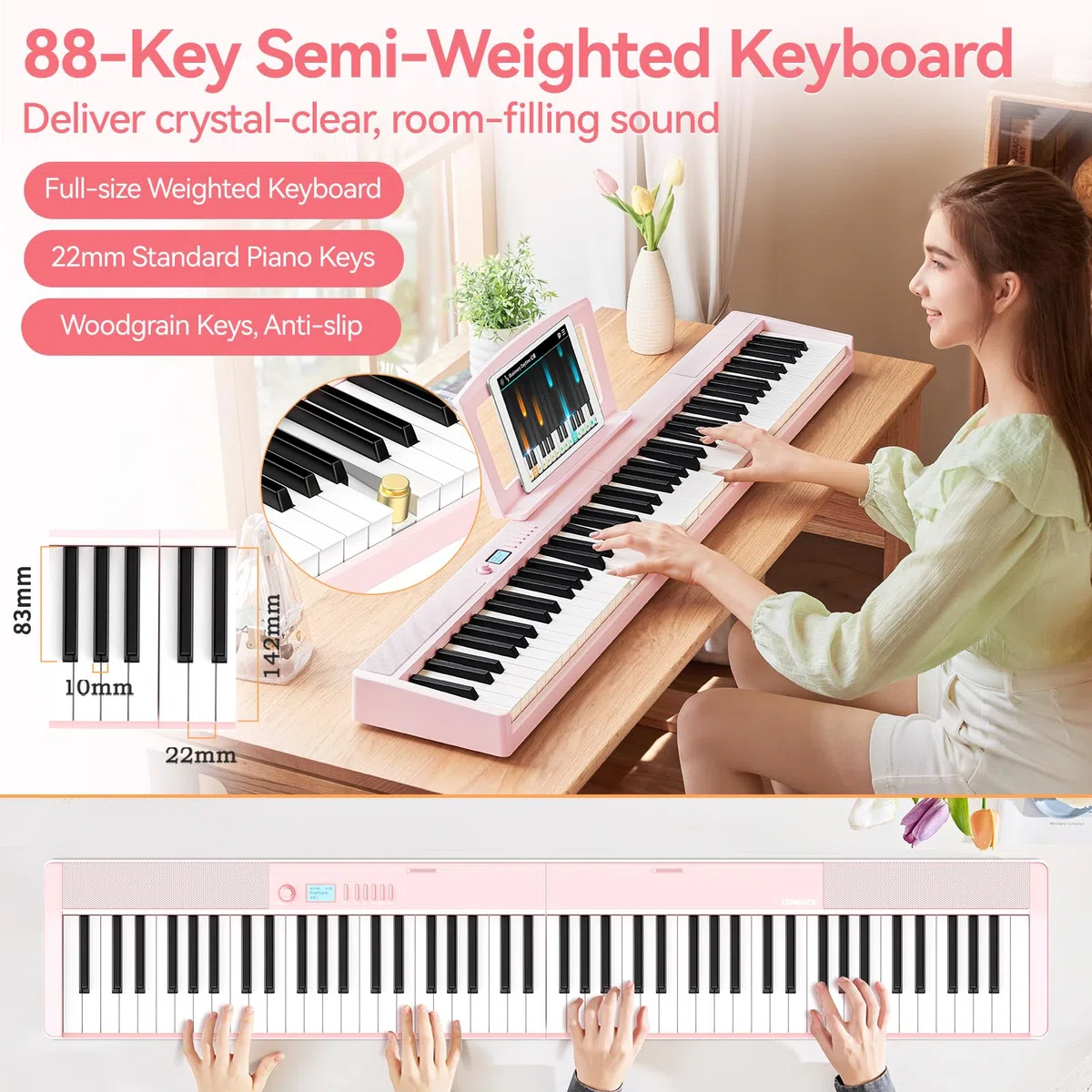 TERENCE Piano digital para adultos, instrumento musical con 88 teclas ponderadas, batería de 1800 mAh, 2 altavoces de 25 W, piano plegable, portátil, compatible con Bluetooth e interfaces MIDI,Rosa
