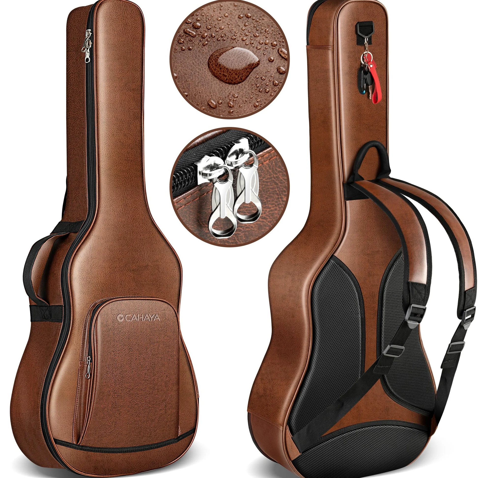 CAHAYA Bolsa para Guitarra Acústica - Adecuada para 40 41 42 Pulgadas Material de PU Impermeable y Transpirable Correa de Bolsa Marrón Acolchada de 15 Mm de Grosor Cremallera Doble