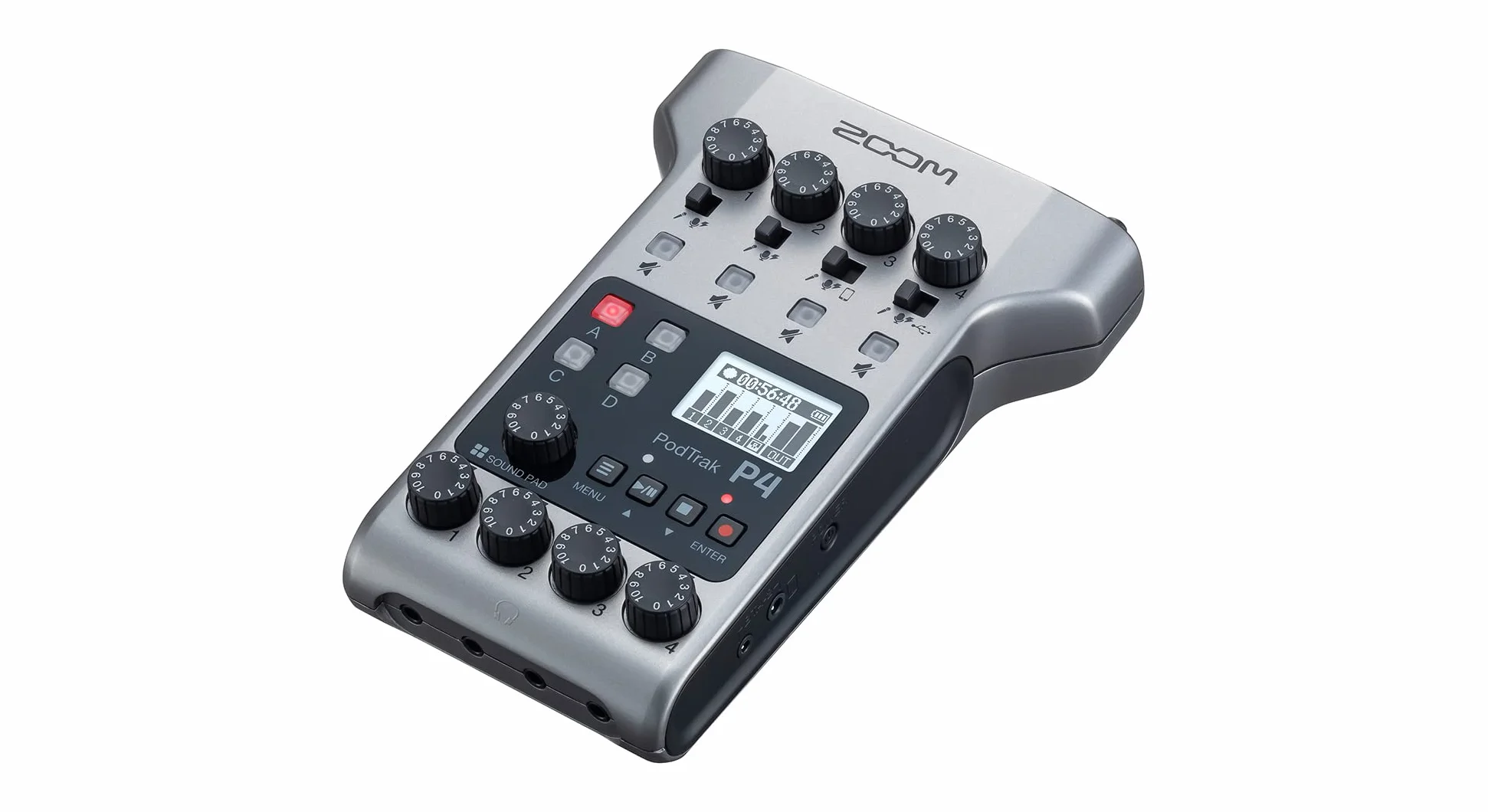 Zoom PodTrak P4 Grabador para Podcast, alimentado por pilas, 4 entradas de micro, 4 salidas de auriculares, entradas Phone y USB para entrevistas en remoto, Sound Pads, interface de audio 2-in/2-out