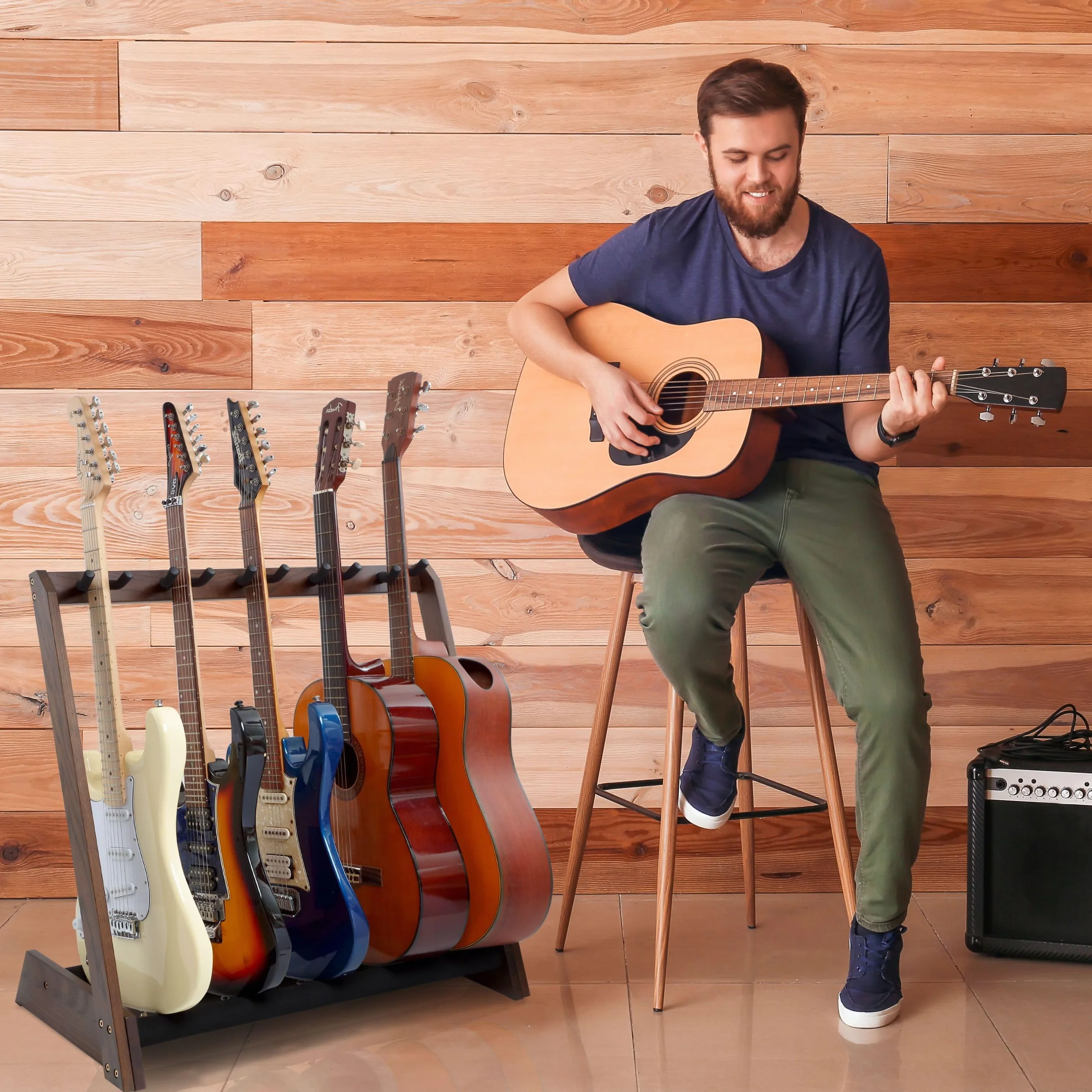 Nefelibata Soporte de Guitarra Multiusos 5 Soportes Soporte de Guitarra de Madera para Guitarras y Estuches, Guitarras Eléctricas, Guitarras Acústicas, Guitarras Bajos, Cellos - Fresno Alemán