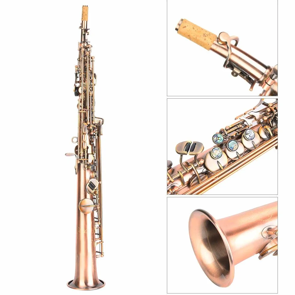 Saxofón de Cobre Rojo Profesional Set B Saxofón de Soprano Plano Saxo Recto con Bolsa de Transporte Instrumento de Viento