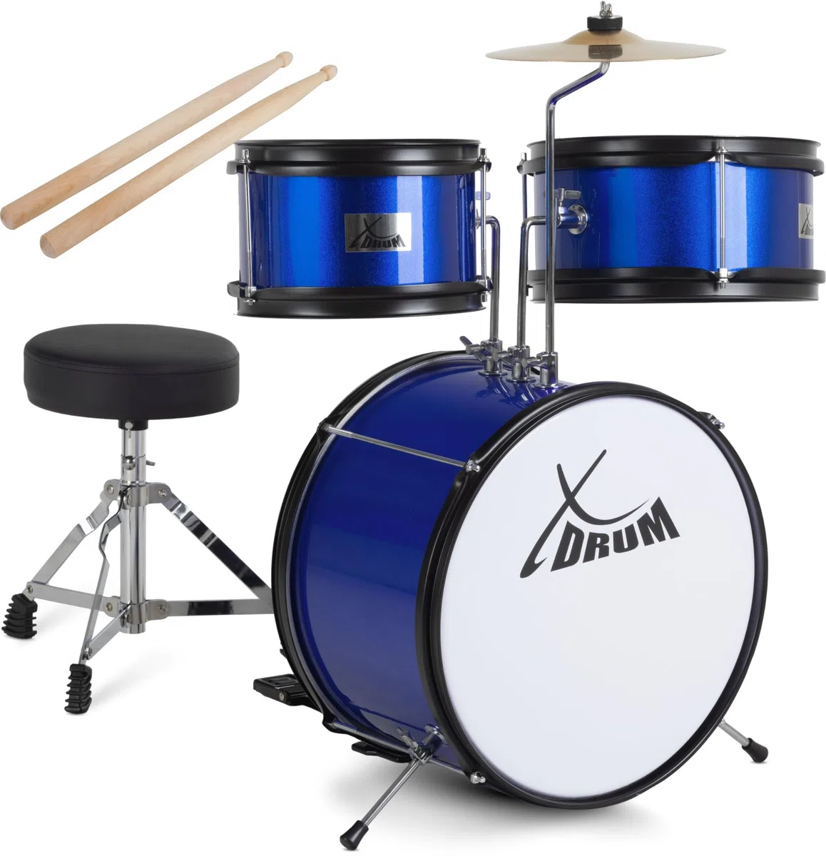 XDrum Junior KIDS Batería incl. Escuela - Batería compacta para niños de 3 a 5 años, montaje muy fácil, con escuela, taburetes, varillas y llave de ajuste, color azul