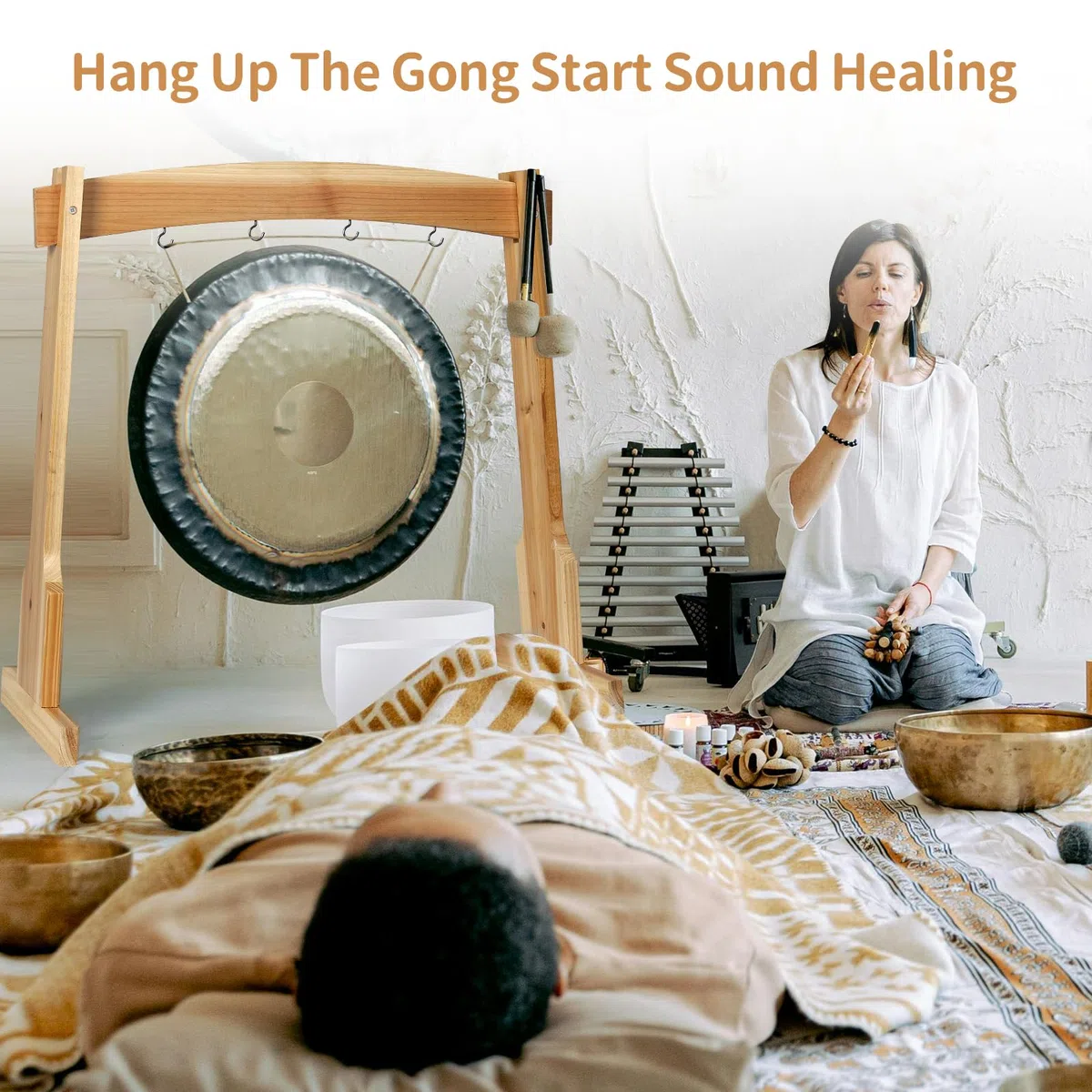 Soportes para gong de 14 pulgadas, soporte de madera para campanillas de viento con base para 1 gong o 4 campanillas, soporte multiusos ligero y portátil, fácil montaje para curación de