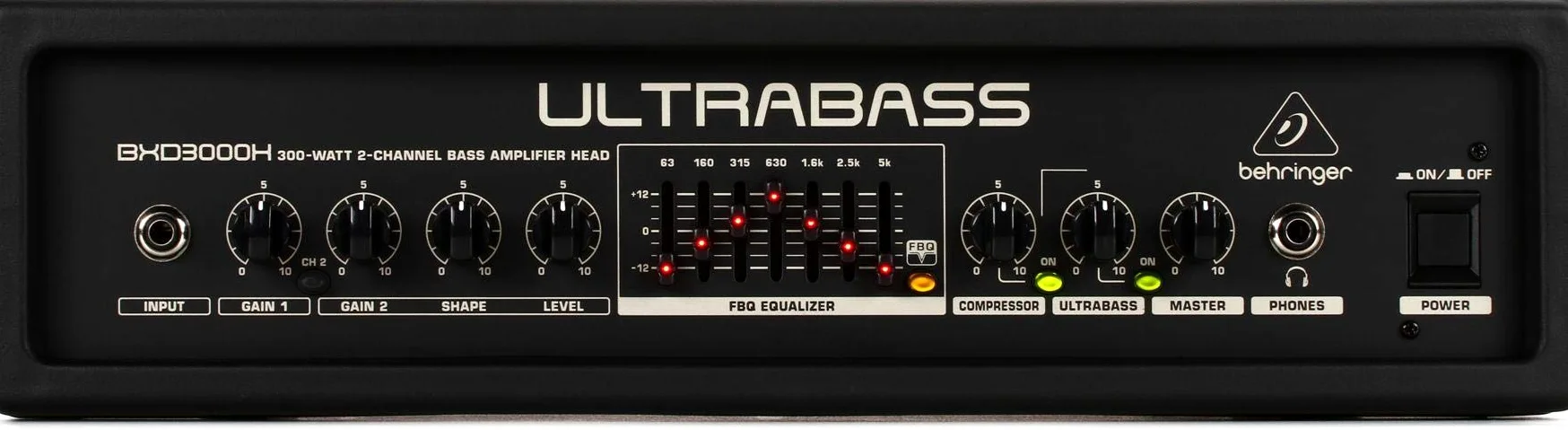 Behringer BXD3000H Cabezal Amplificador De Bajos De 2 Canales Y 300 Vatios, ligero, Con Analizador De Espectro FBQ, Procesador bass Y Compresor