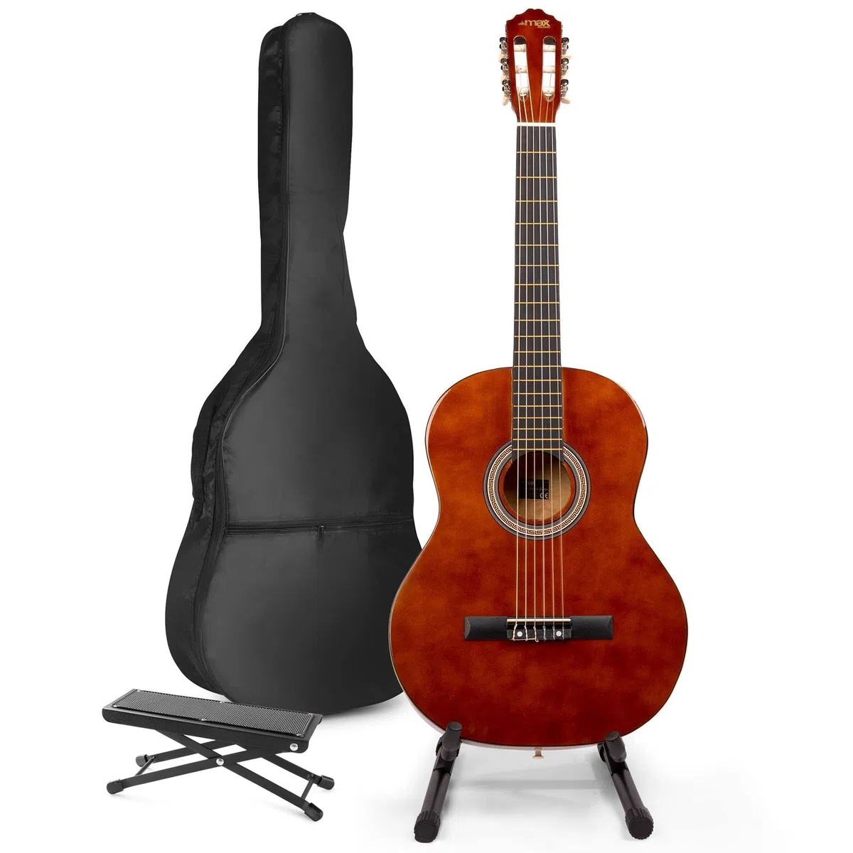MAX SoloArt Guitarra Clásica Española – Set Completo para Principiantes con Reposapiés, Bolsa, Soporte, Afinador, Púas, Cuerdas y Correa – Ideal para Jóvenes y Adultos