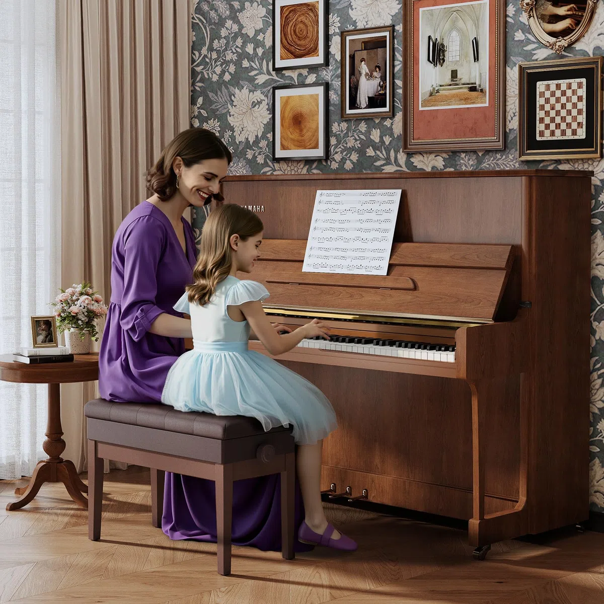 MAMIZO Banqueta Piano Regulable Altura 72x33x58CM, Banco Piano con Espacio Almacenamiento, Silla Piano, Banqueta Piano Carga Máxima 200KG, 4 PCS Patas Piano Madera Maciza, Marrón Oscuro