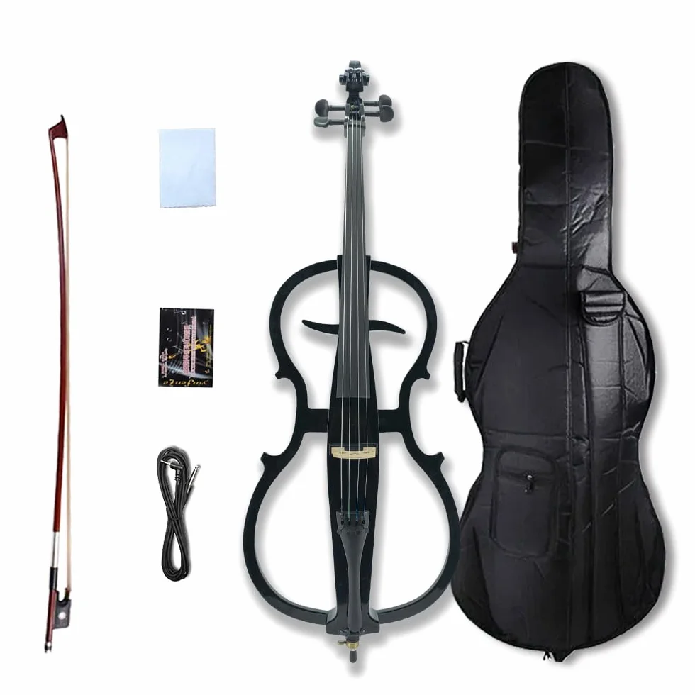 Juego de violonchelo eléctrico completo 4/4 para principiantes (incluye bolsa ligera, auriculares estéreo, lazo premium, puente, colofonia)
