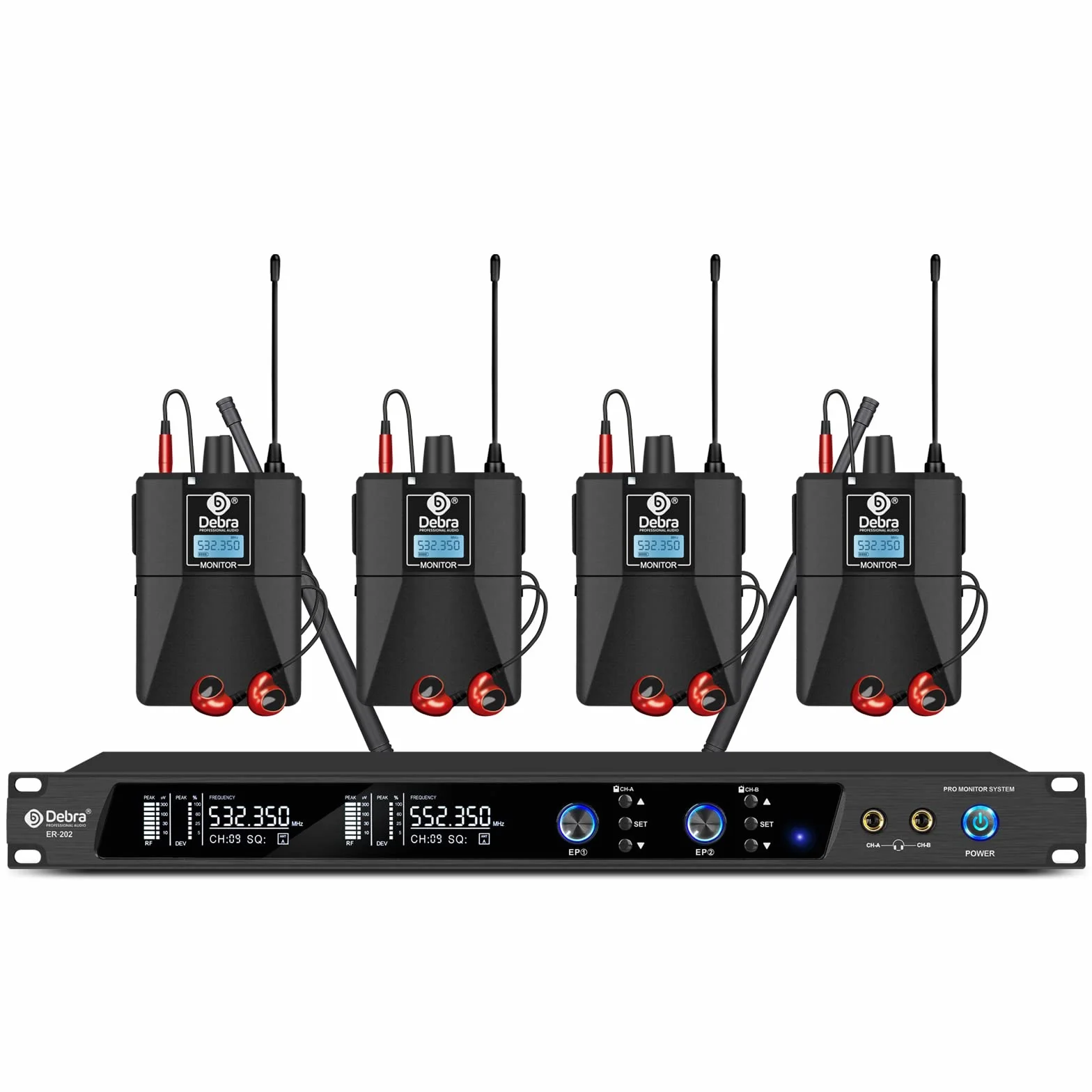 D Debra Audio Pro ER-202 UHF Sistema de Monitor intraauricular inalámbrico de un Solo Canal con transmisor y Receptor para Escenario, Estudio de grabación, músicos (4 bodypack con transmisor)