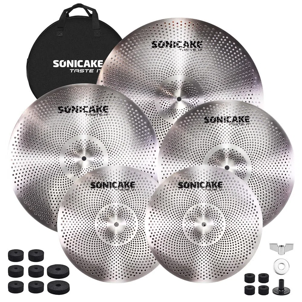SONICAKE Juego de platillos de bajo volumen 14" HiHat+16" Crash+18" Crash+20" Ride Cymbal Set Plata 5 piezas con bolsa de cadera y accesorio